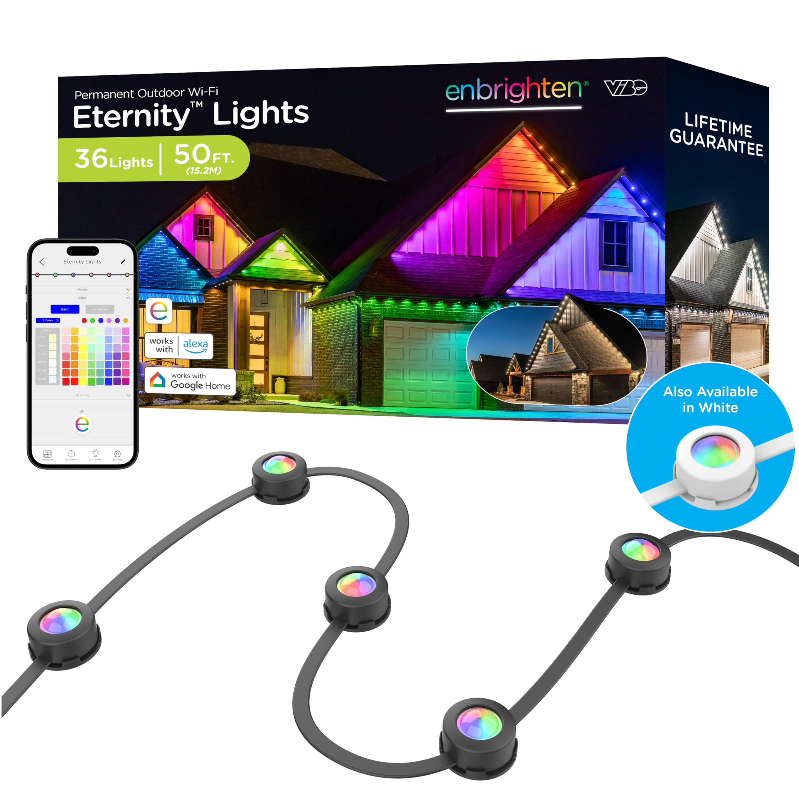 Enbrighten Eternity Permanent Outdoor Lights, 50ft with 36 RGBWIC LEDs, Smart Eave Lights, Endless Light Colors, Daily and Accen