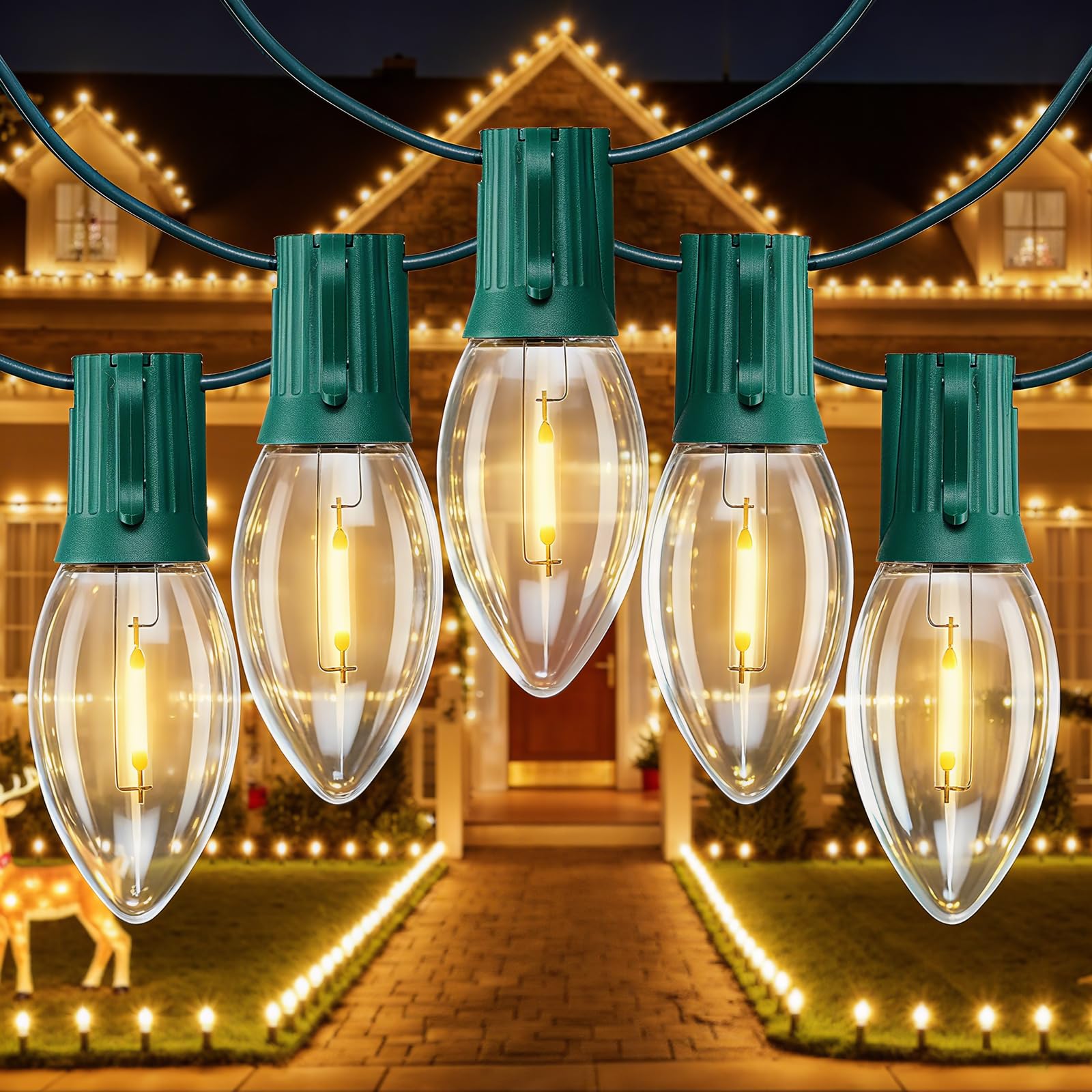 C9 Christmas Lights Outdoor  100 Ft 100 Led Vintage Warm White C9 String Lights Connectable For Christmas Tree Roofline Patio Garden Backyard Holiday Party Indoor Outdoor Decoration  Green Wire
