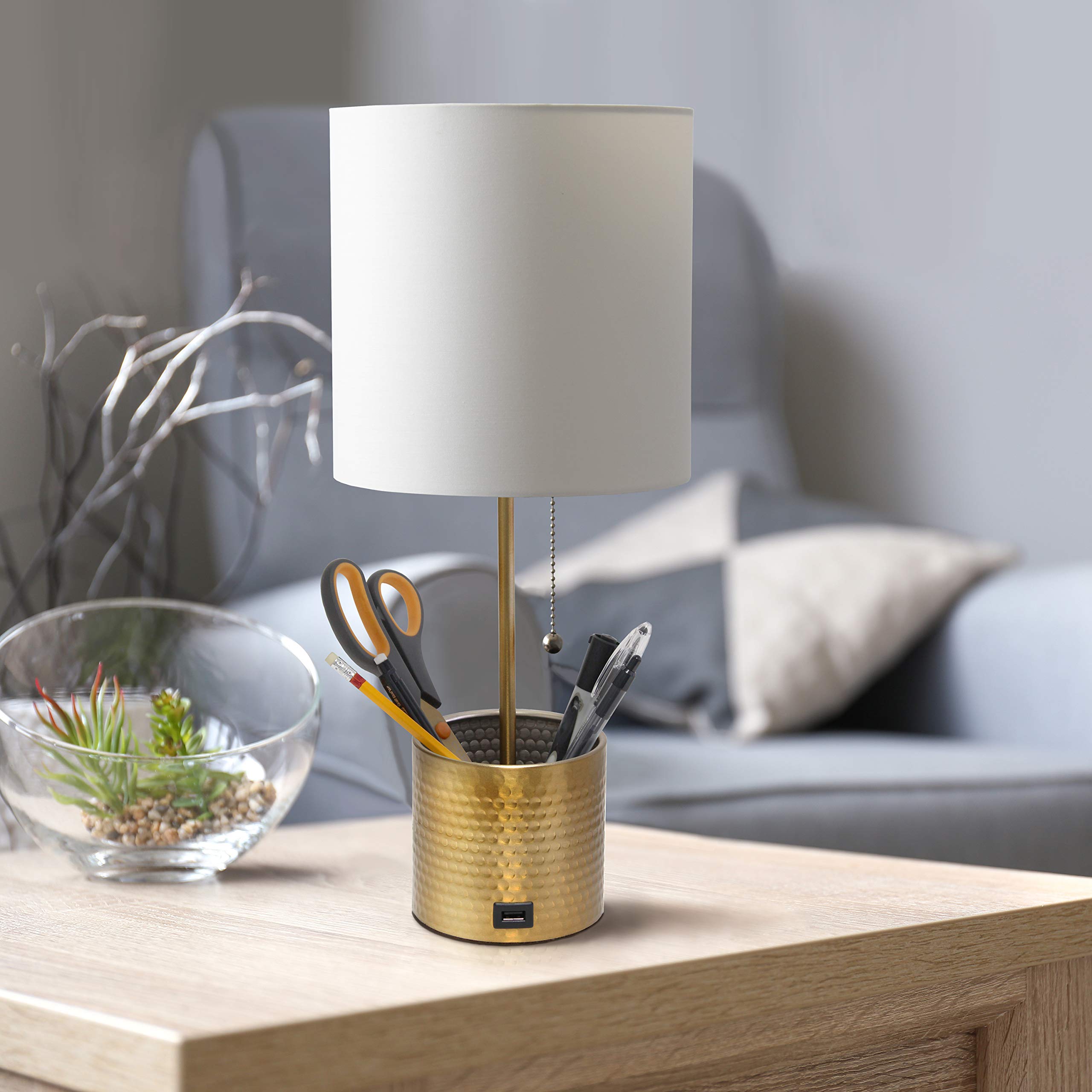 Simple Designs Lt1085-Gld Hammered Metal Organizer Table Lamp With Usb Charging Port And Fabric Shade, Gold