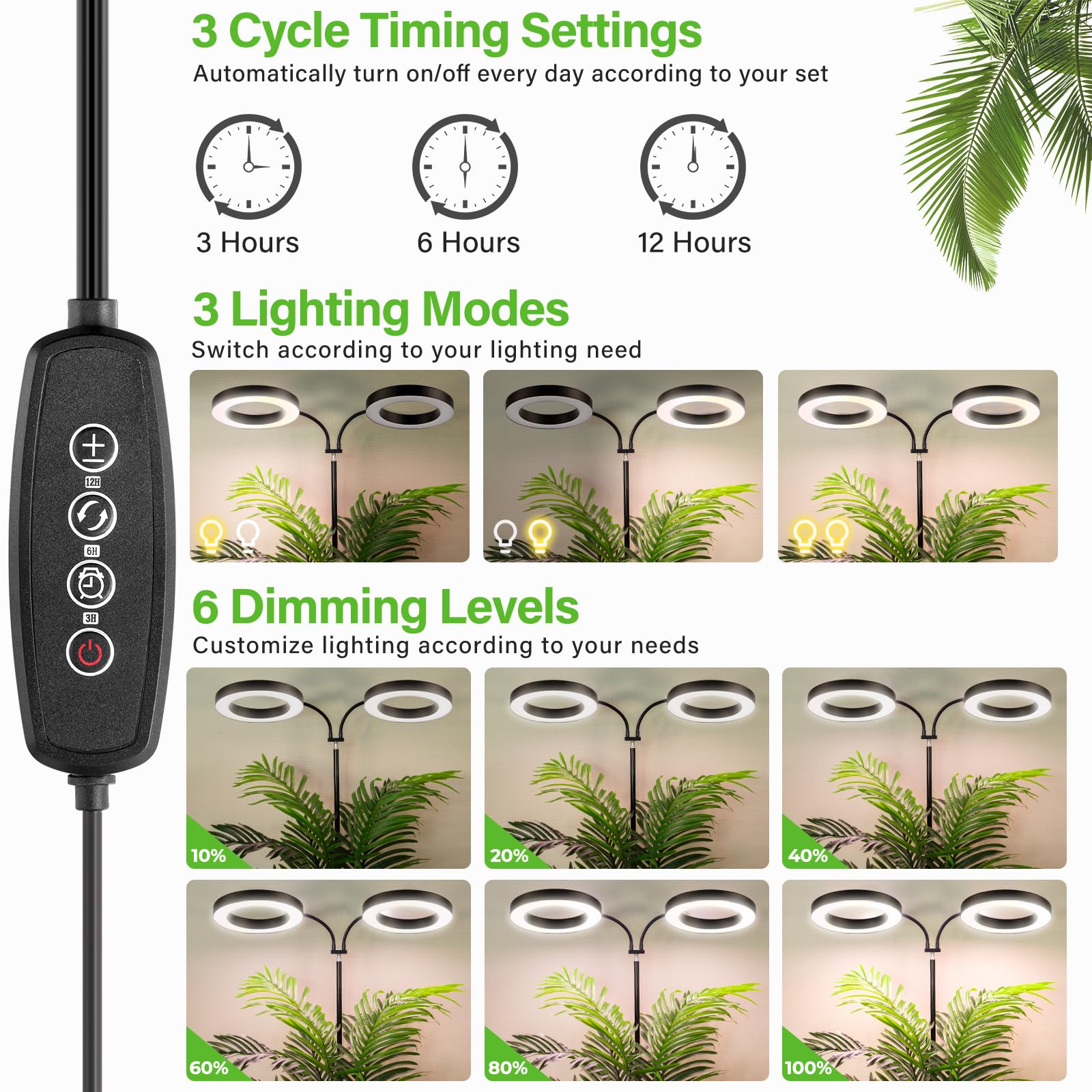 Lordem Grow Light For Indoor Plants, 7.9&quot; Diameter Dual-Head Plant Light For Plants Growing, Full Spectrum Growth Lamp With Auto Timer 3/6/12H, 4 Dimmable Levels, 3 Lighting Modes, Adjustable Stand