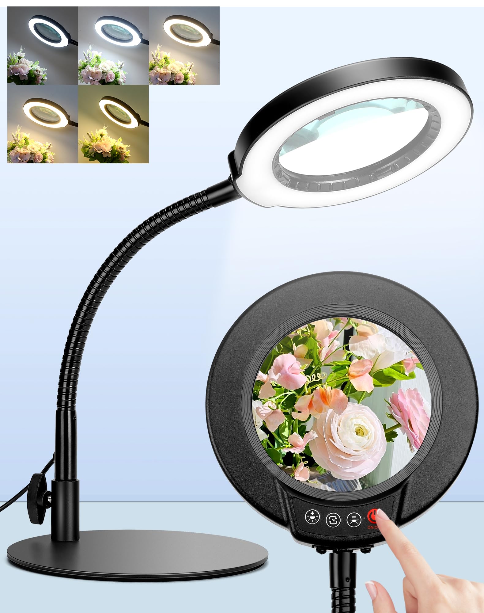 Coyeth Magnifying Glass with Light and Stand, Hands Free Magnifying Lamp, 5 Color Modes 10 Dimmable Brightness, Metal Base Desk 