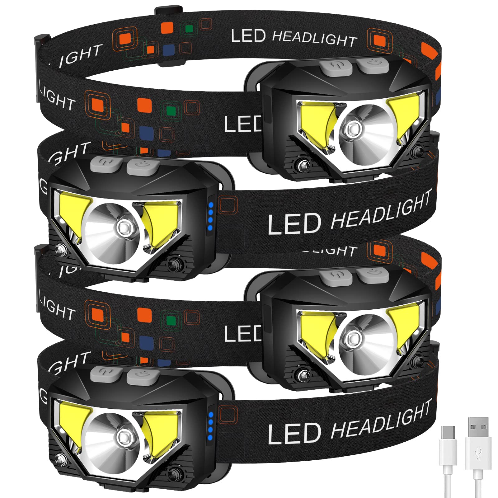LHKNL Headlamp Flashlight, 1200 Lumen, 4-Pack, Waterproof, Motion Sensor, Rechargeable, Black Grey, Model TG-T069