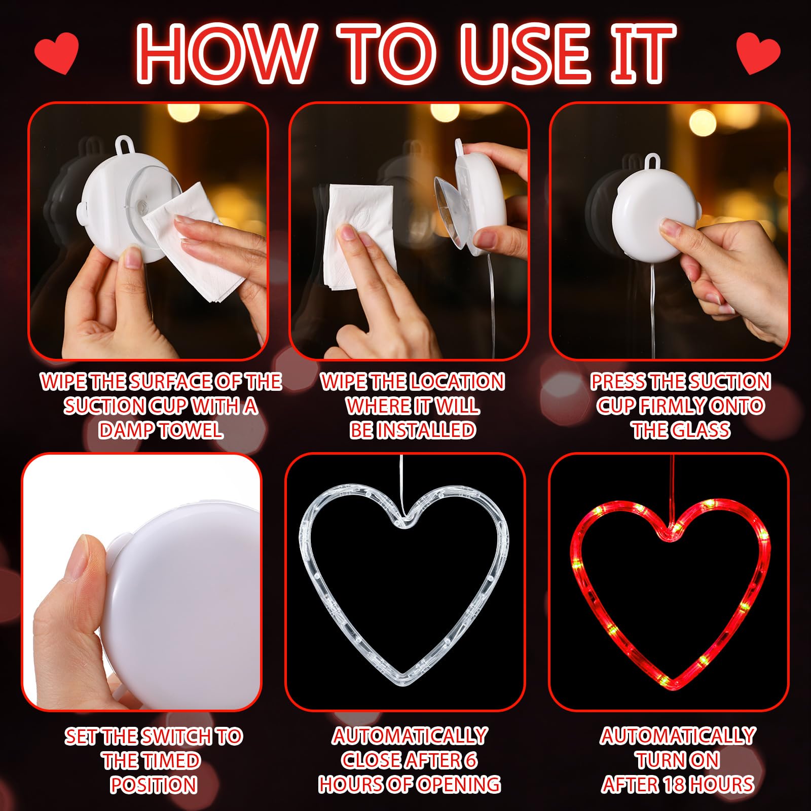 Baquler 5 Pcs Timed Heart LED Window Lights, Battery Operated, Red/Pink/White, Perfect for Valentine's Day, Wedding & Home Decor