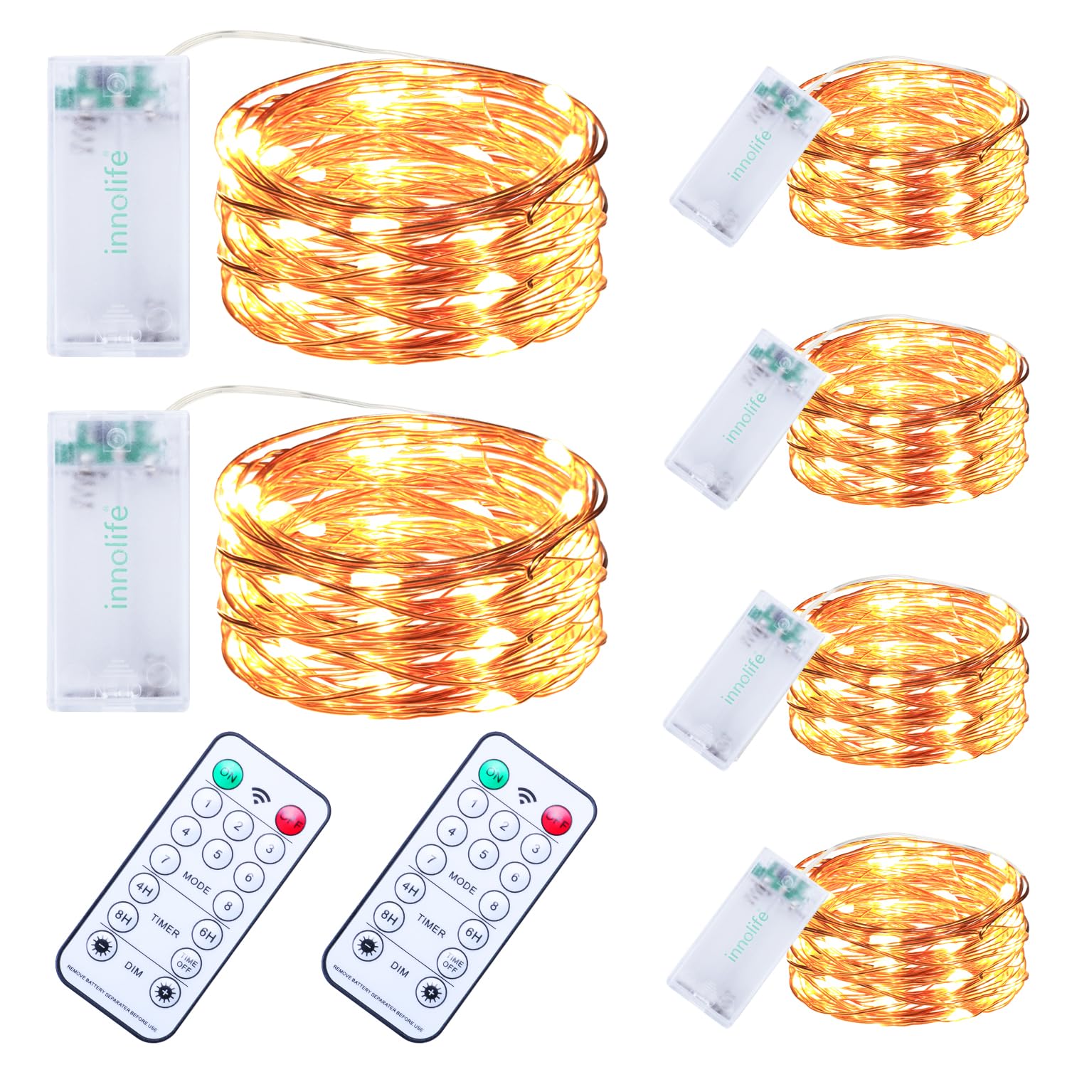 innolife LED Fairy String Lights, 30 LED Copper Wire, 10 Ft, Battery Operated with Remote & Timer, Warm White, 6 Pack, Model HL13YE6