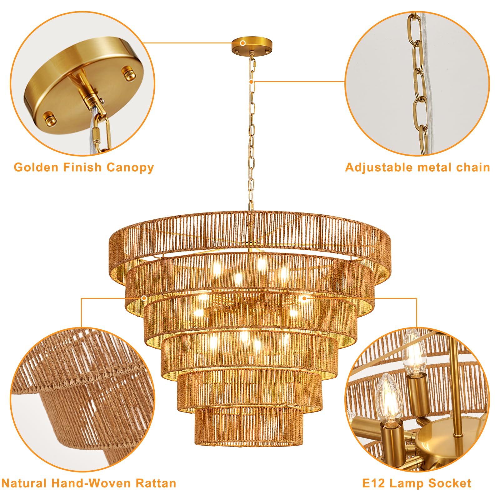 YOMECOO 31.49" Large Rattan Chandelier, Vintage Boho 12-Lights, Hand-Woven Bamboo, Rustic Gold Light Fixture for Dining Room, Kitchen