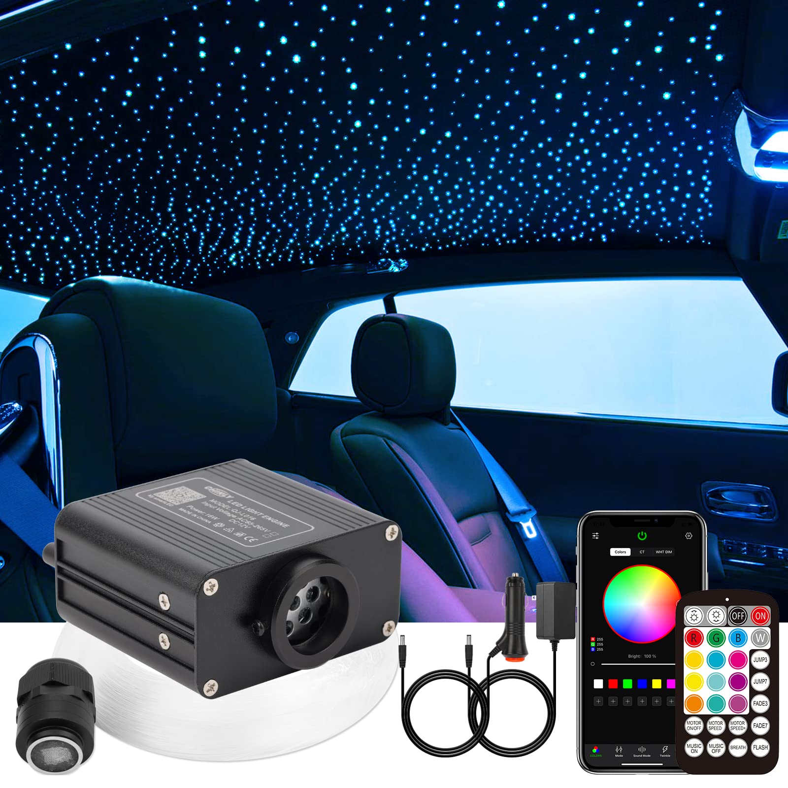 CHINLY Twinkle 400pcs 9.8ft 0.03in Starlight Headliner Fiber Optic Lights kit  Music Mode Bluetooth APP Control Remote  RGBW Star roof Lights for Star Headliner/Home Theater/Pool Ceiling