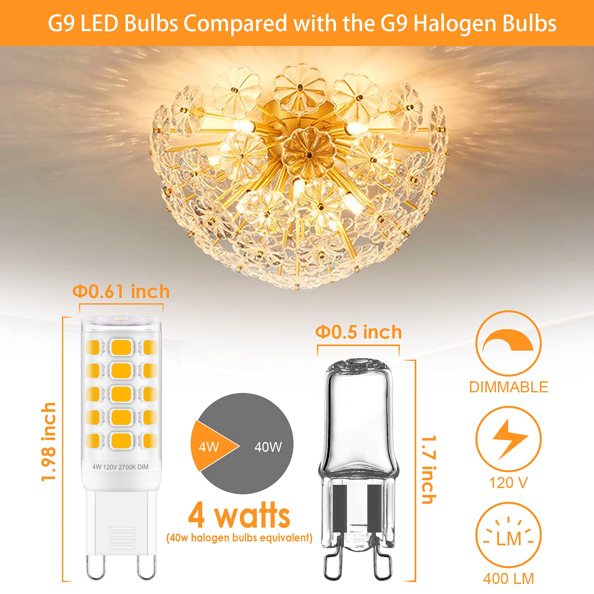 Sailstar G9 Led Bulb Dimmable 2700K Soft Warm White 6 Pack, T4 G9 4W Replacement For 40 Watts Halogen, Ceramic Bi Pin Base, 120V