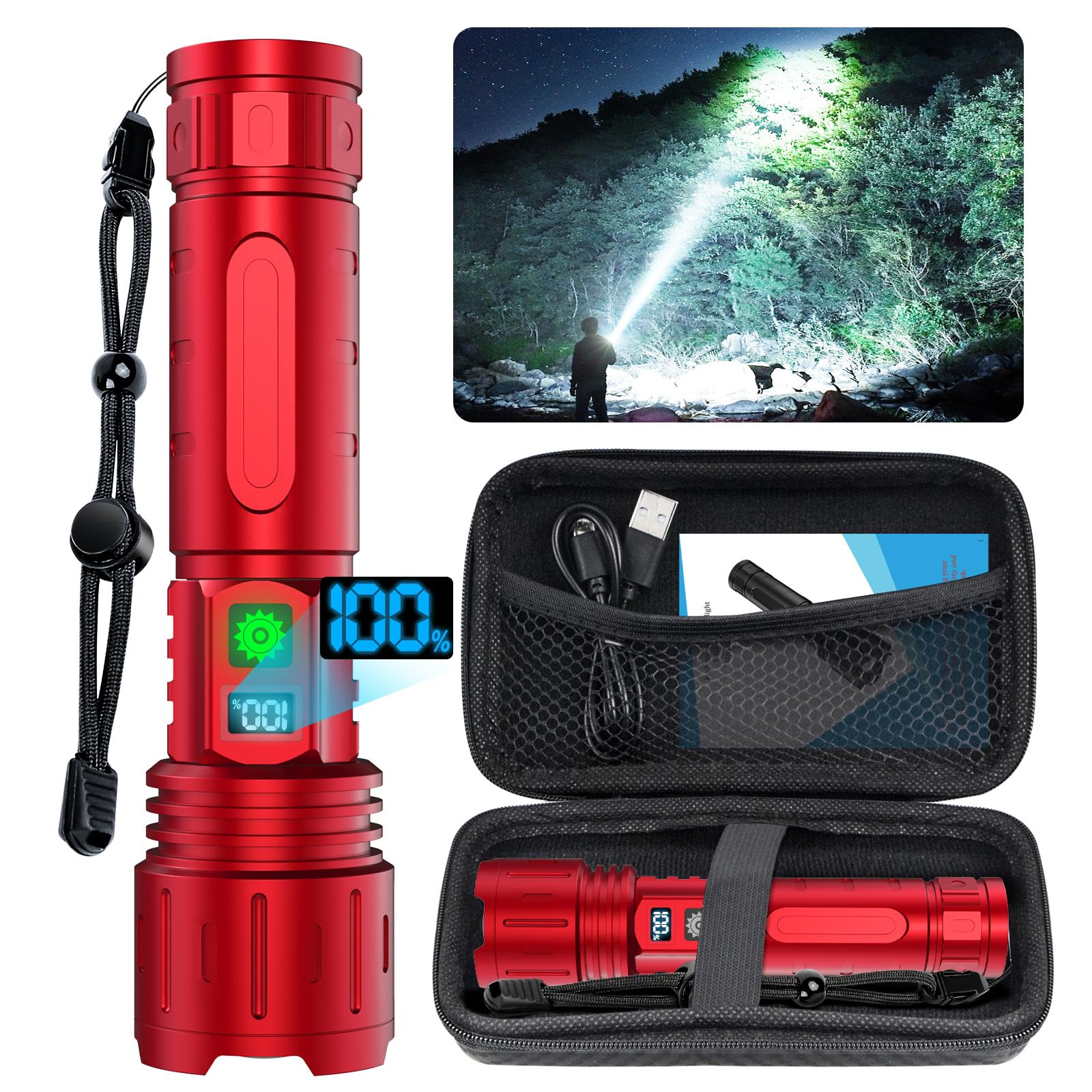 Flashlights 20000 High Lumens Rechargeable - 1500 Meters Long Beam Super Bright LED Flash Light with Power Display & IPX5 Waterp