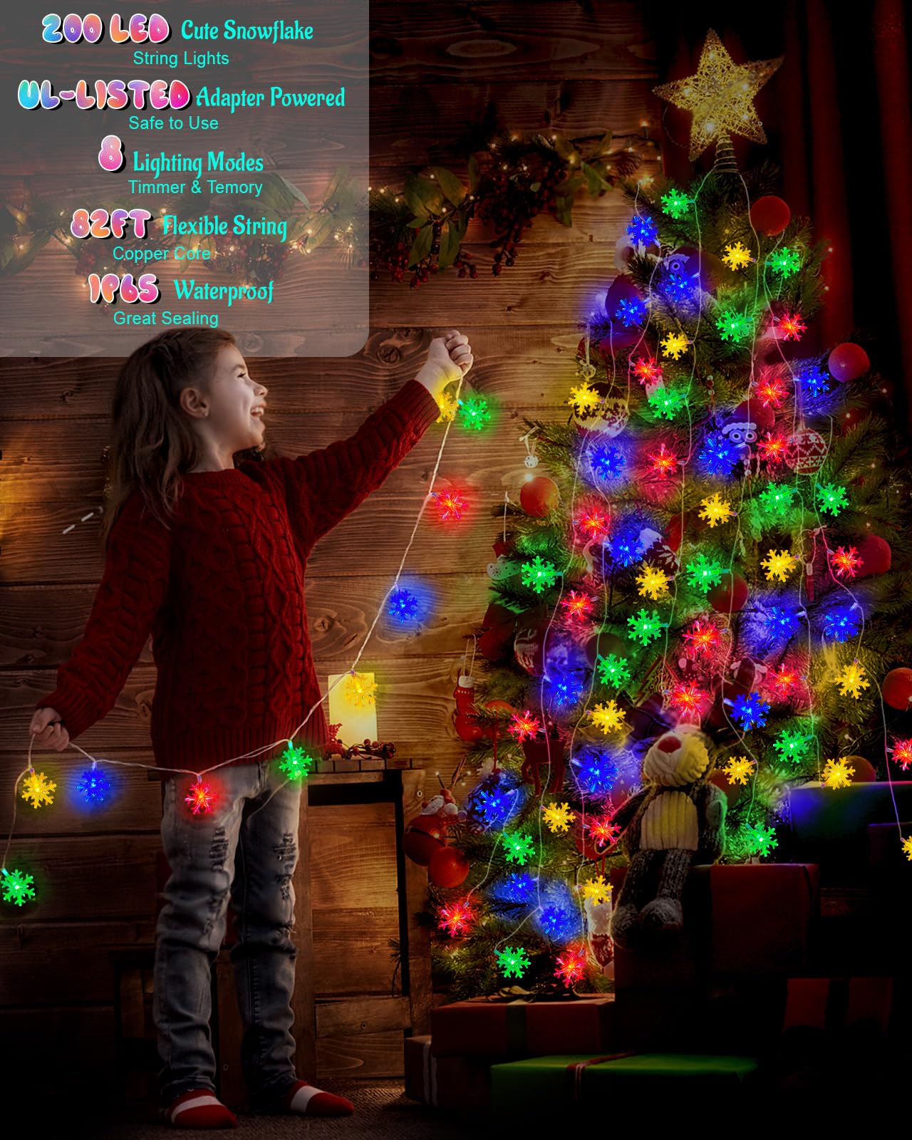 Christmas Snowflake String Lights Outdoor, 200 Led 82Ft Icicle Lights Waterproof With 8 Modes Timer Xmas Decorations, Plug In Fairy Lights For Curtain, Eaves, Window, Tree, Garden, Yard- Multicolor