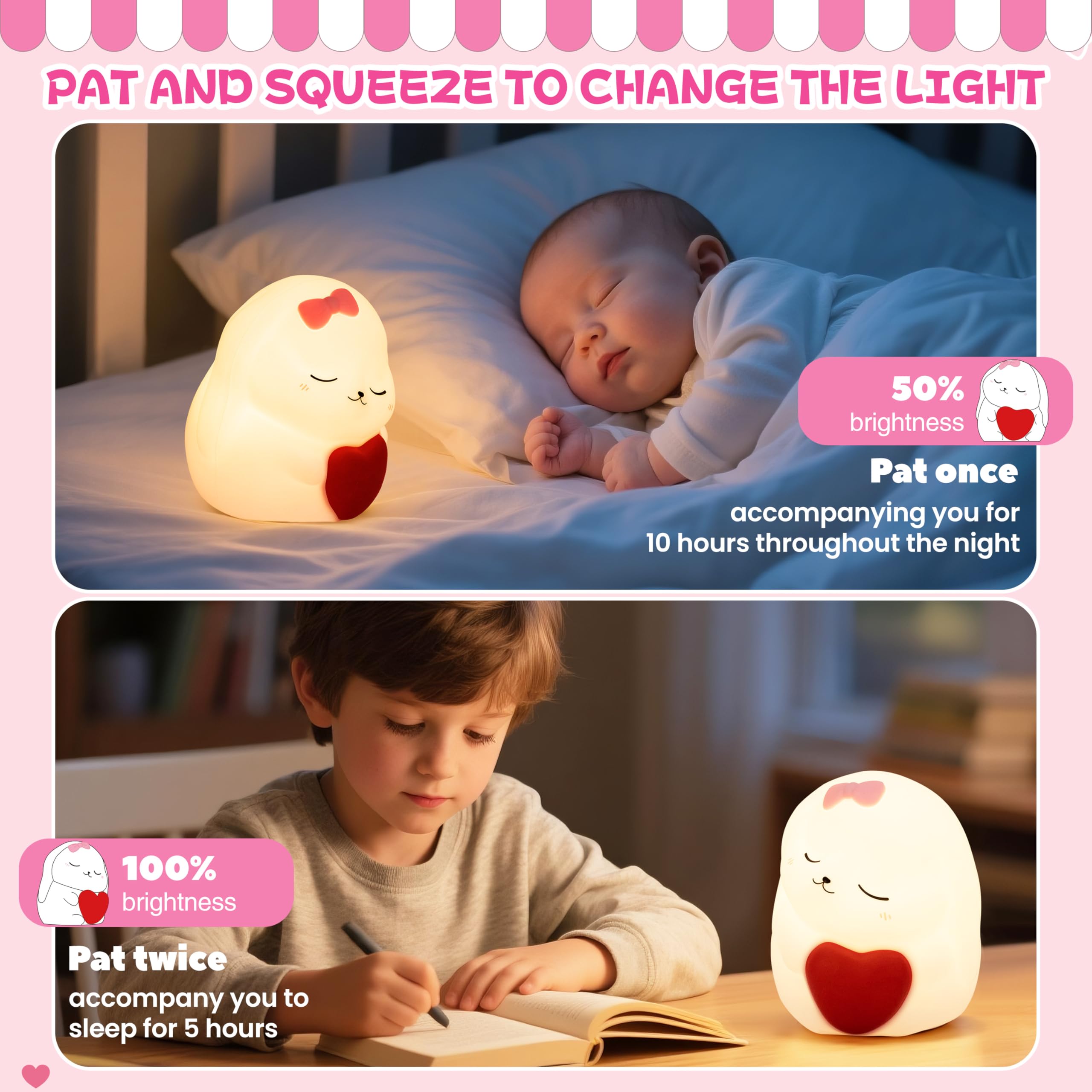 loatme Rechargeable Dimmable Silicone LED Night Light, 7 Colors, Rabbit Design for Kids Room Decor