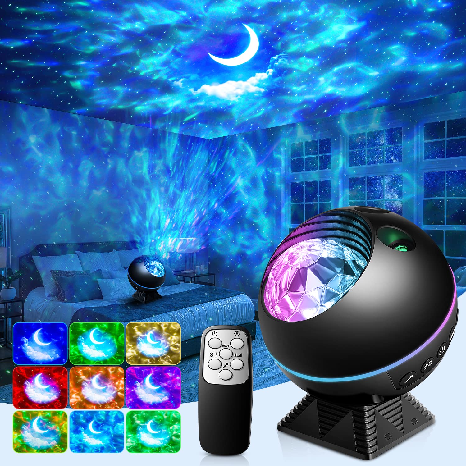 Onefire Star Projector Night Light - 43 Modes, Remote Timer, 360° Rotation, Black