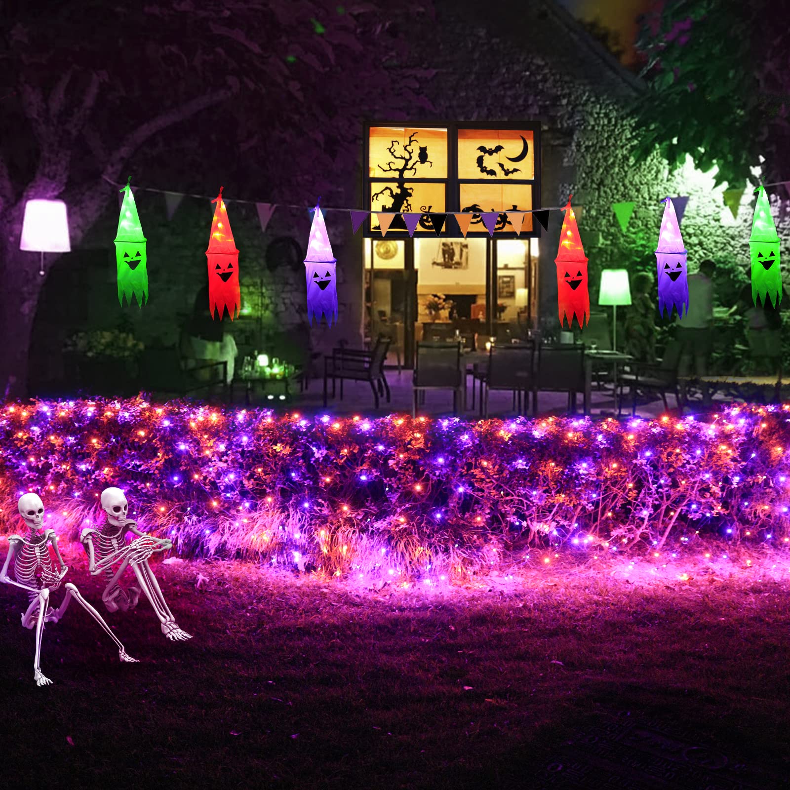 Pooqla 360 Led Halloween Net Lights Outdoor, 21 Ft X 5 Ft Connectable Mesh String Lights 8 Modes Waterproof Plug In For Hallowee