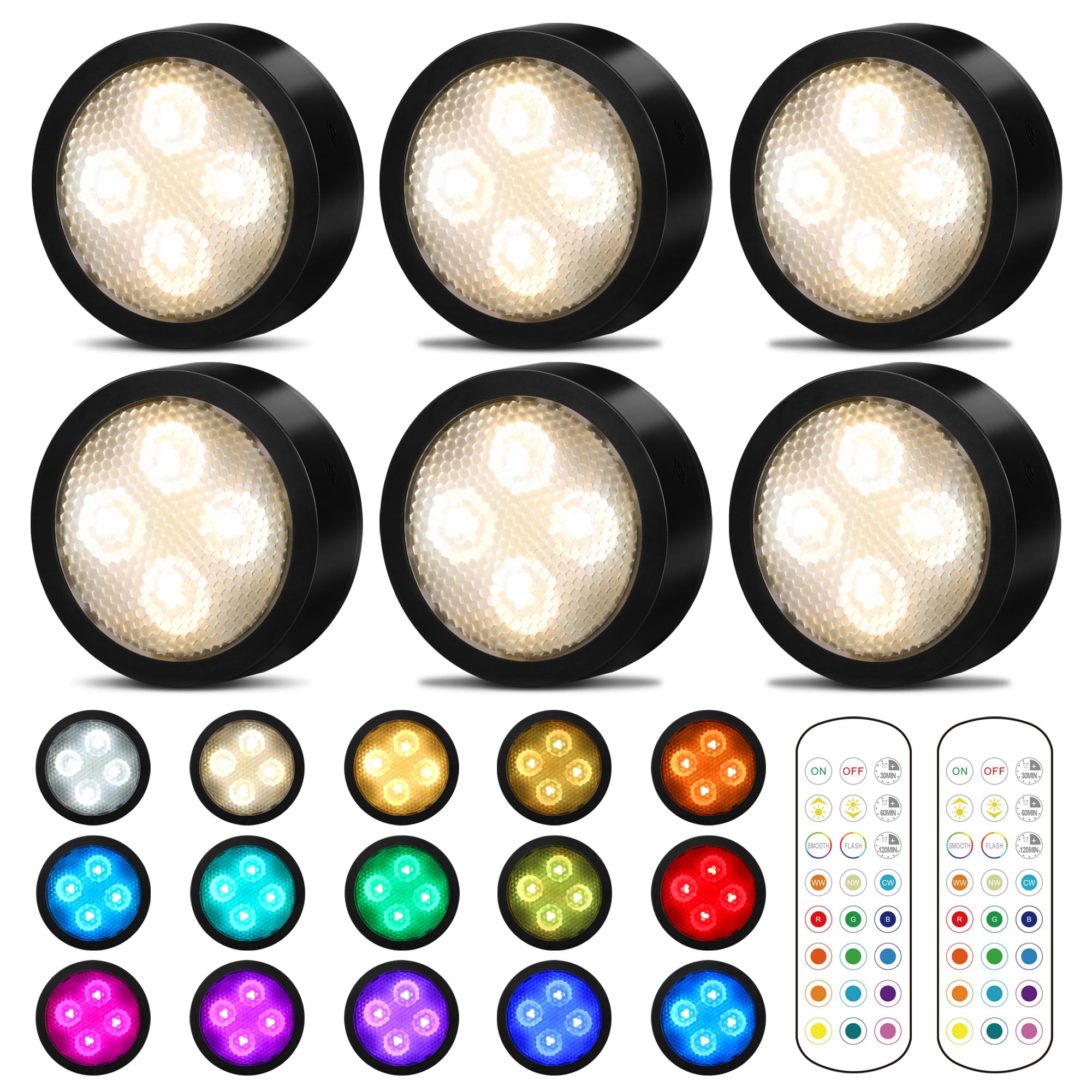 TECOMLIGHT Puck Lights with Remote Control, Battery Powered Wireless Under Cabinet Lighting, RGBCW Stick On Push Lights, 6 Pack 