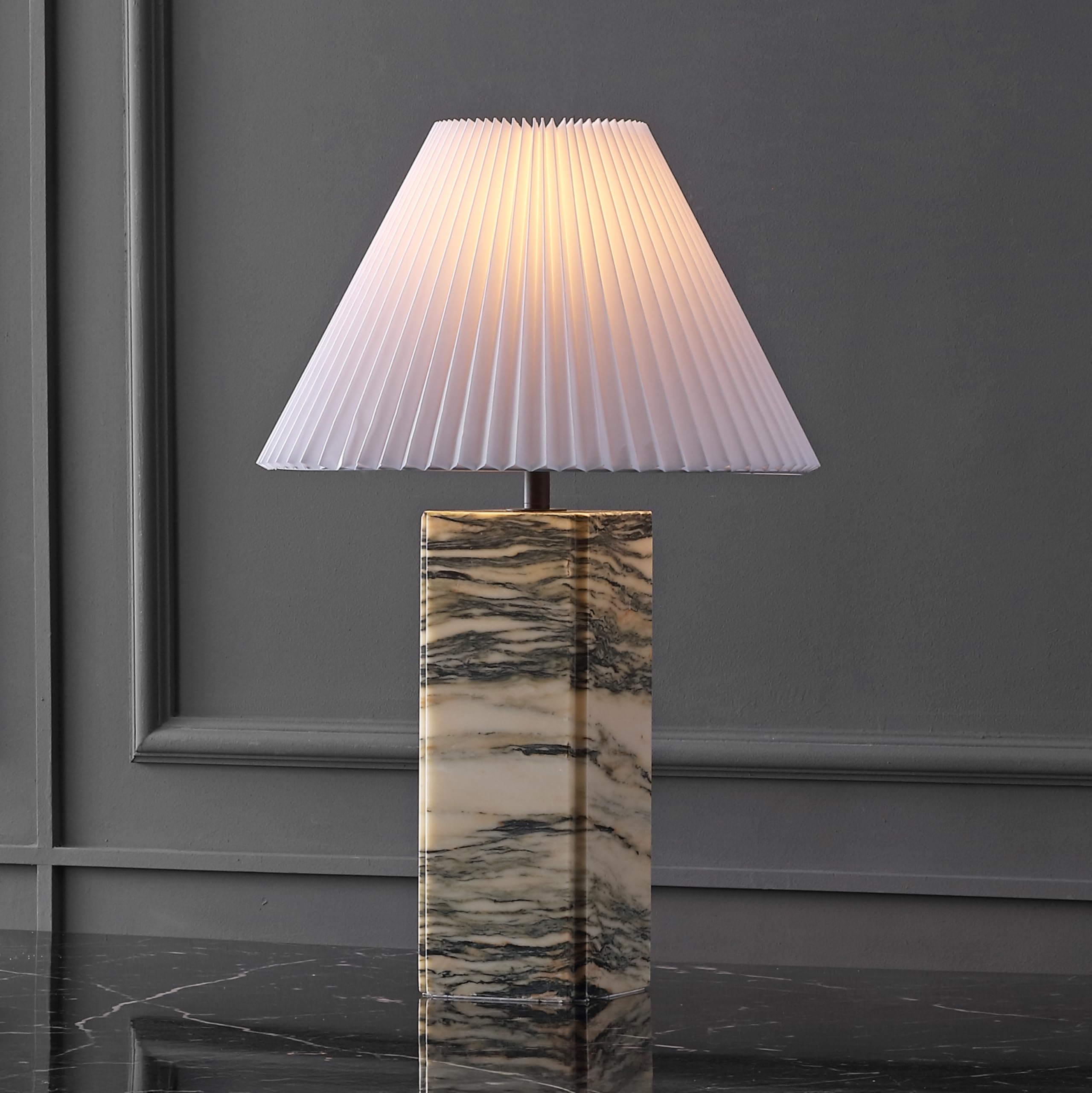 SAFAVIEH Couture Lighting - Mackenzie 25-Inch Square Marble Table Lamp - Cream & White - Modern Slim Pillar Design - Ideal for L