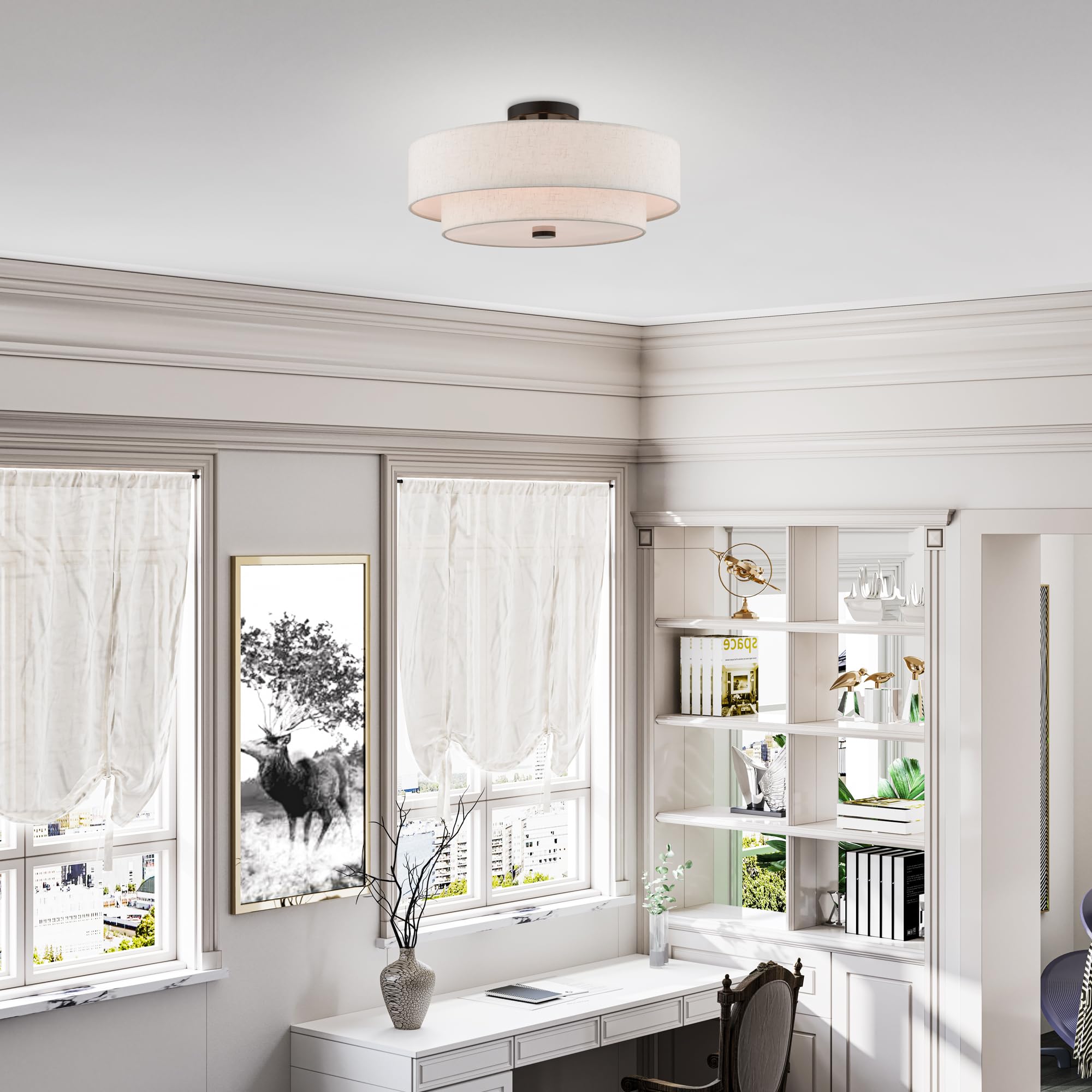 Livex Lighting 4-Light Semi Flush Mount Fixture, Oatmeal Fabric Shade, 18inL x 18inW x 9inH, English Bronze, Model 51085-92