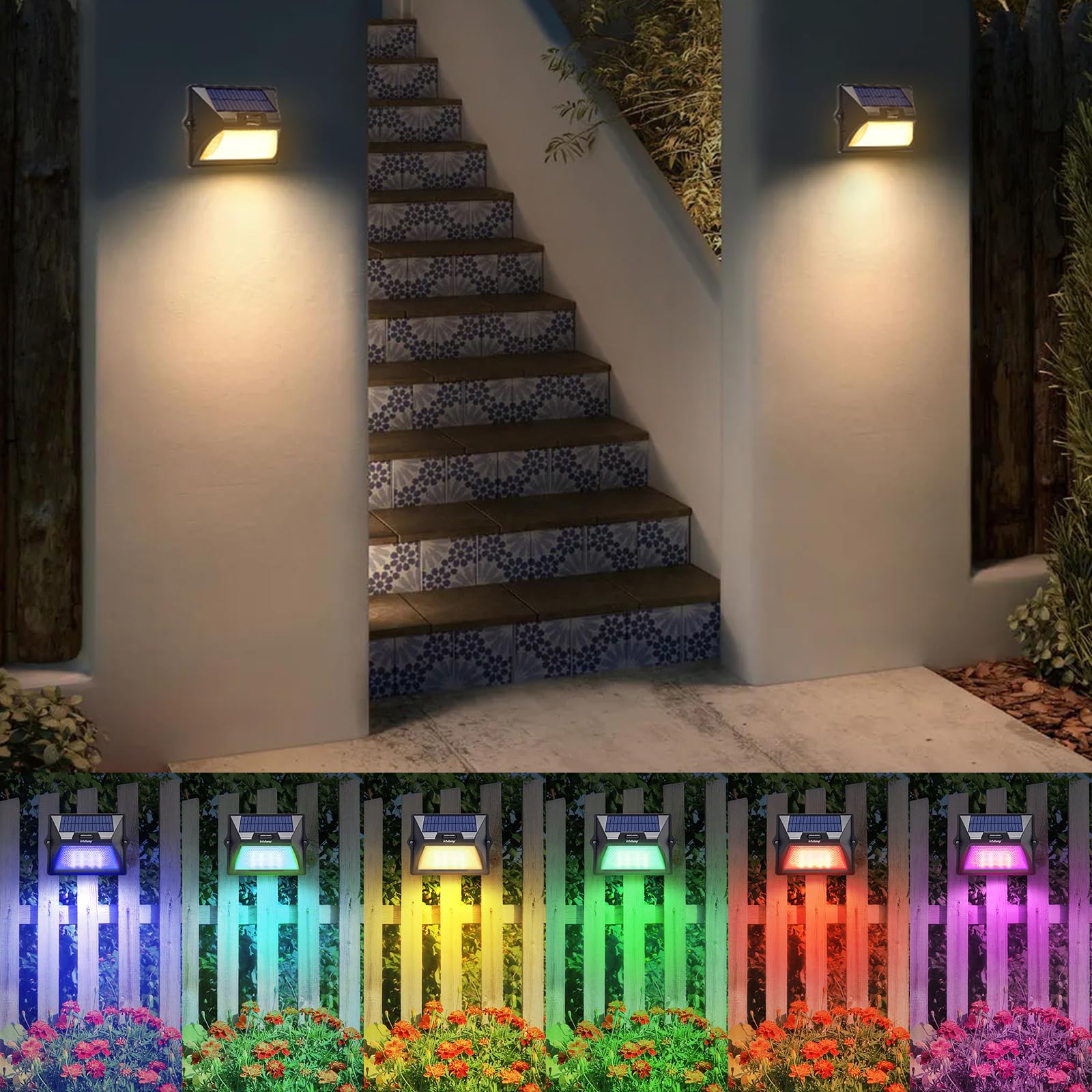 intelamp Solar Fence Lights Outdoor, 2 Packs 9 Colors & RGB Color Changing Deck Lights Waterproof, Solar Powered LED Wall Lighti