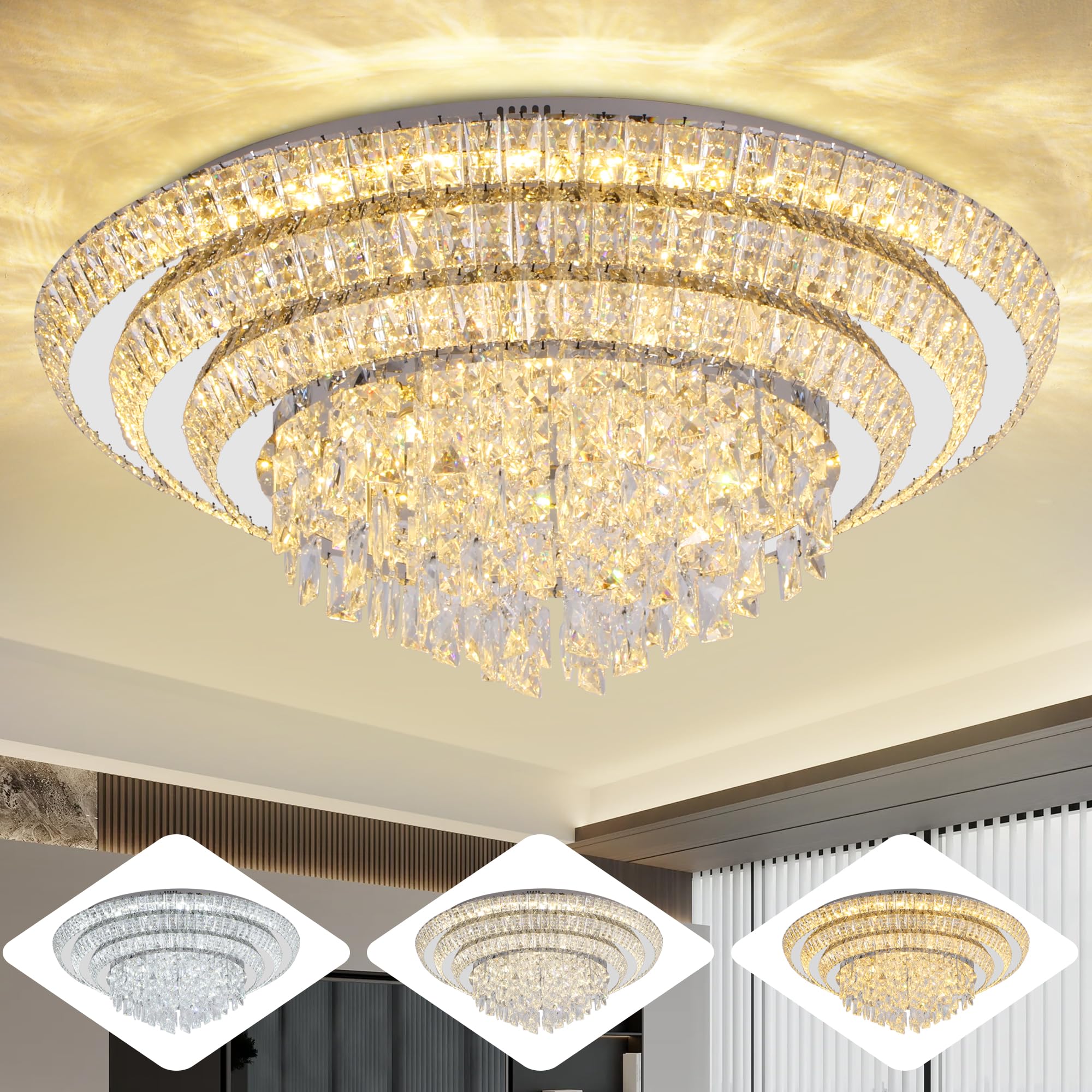 Redstar 30'' Crystal Ceiling-Light Flush Mount With Remote Control, 3 Colors Temp & Brightness Adjustable, Modern Crystal Raindr
