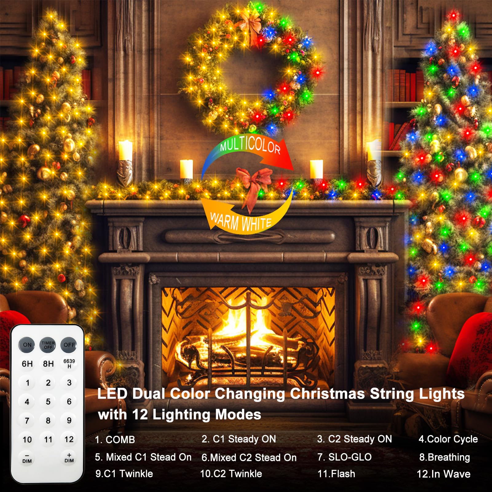 65.6Ft 200Led Battery Operated Christmas String Lights, 12 Lighting Modes Warm White & Multicolor Fairy Lights With Remode Timer, Green Wire Twinkle Lights For Wreath Indoor Outdoor Party Wedding