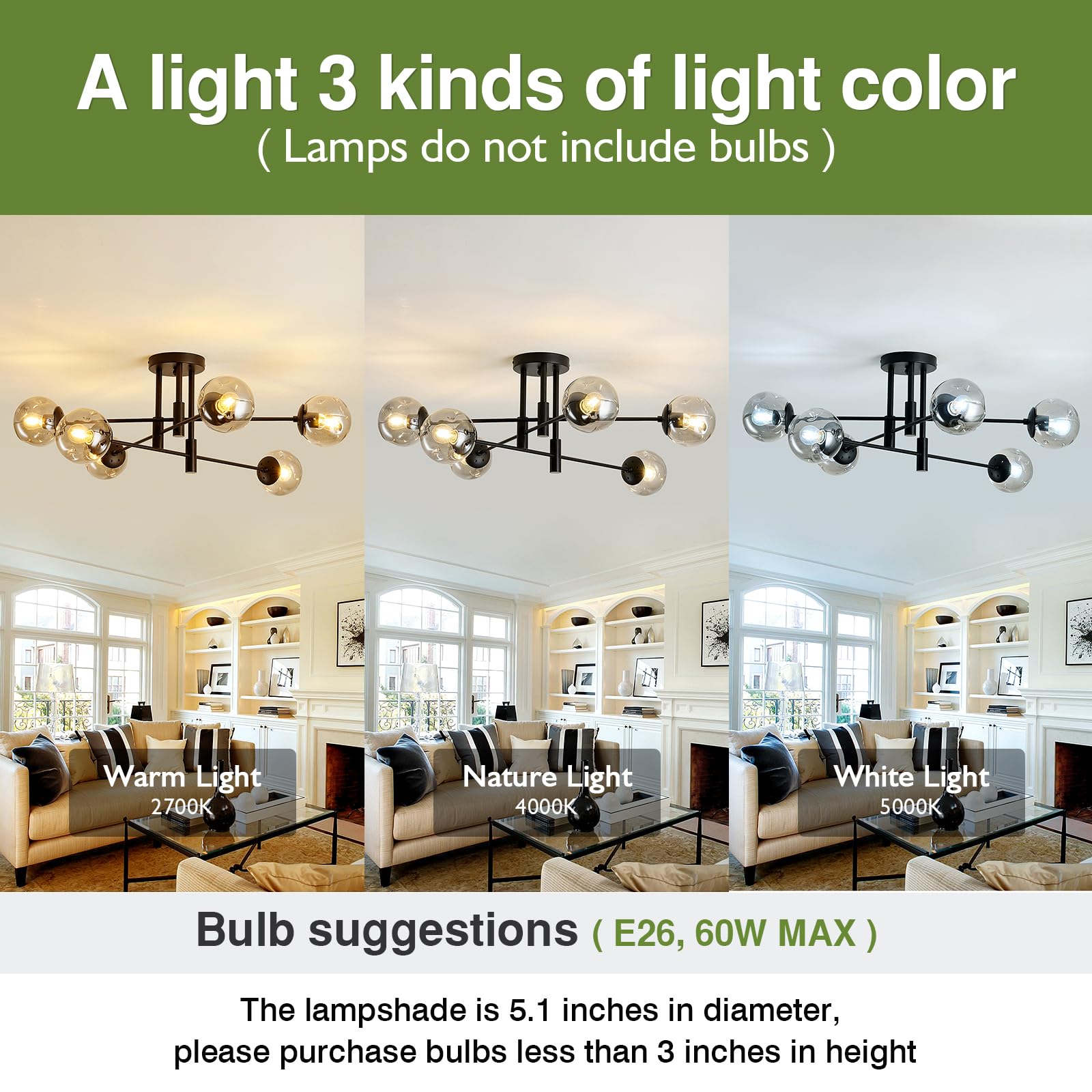 Szxykeji 6-Lights Glass Globe Sputnik Chandelier Modern Flush Mount Ceiling Light Fixture Black Farmhouse Lighting For Dining Ro