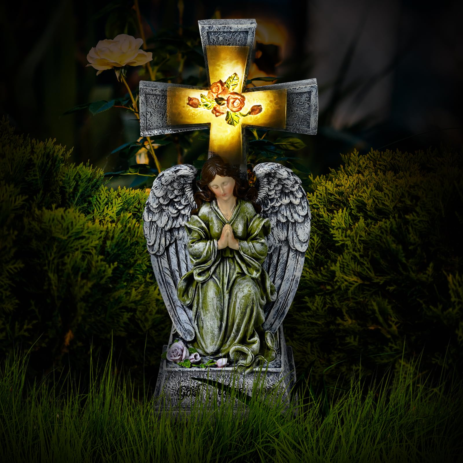 Yiosax-Solar Angels For Cemetery-Garden Statue Lights Decor - Before The Cross On One Knee Wings Praying Angel Figurine Bless Yo