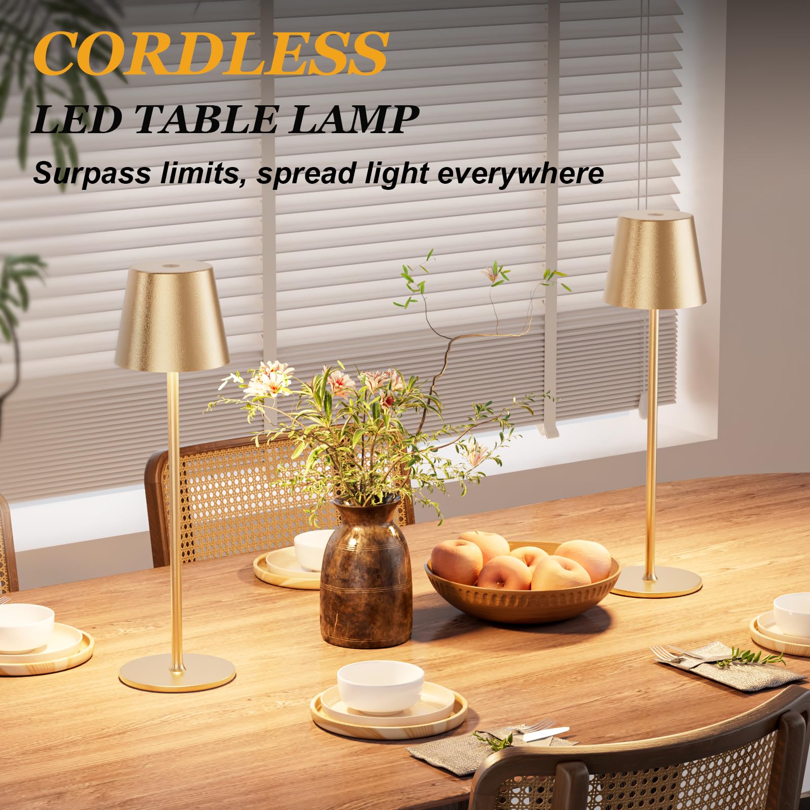 Kakanuo Cordless Table Lamp - 2 Pack Gold, 5000mAH Battery, Waterproof LED, Touch Control, 3 Color Dimming, Circle Shade
