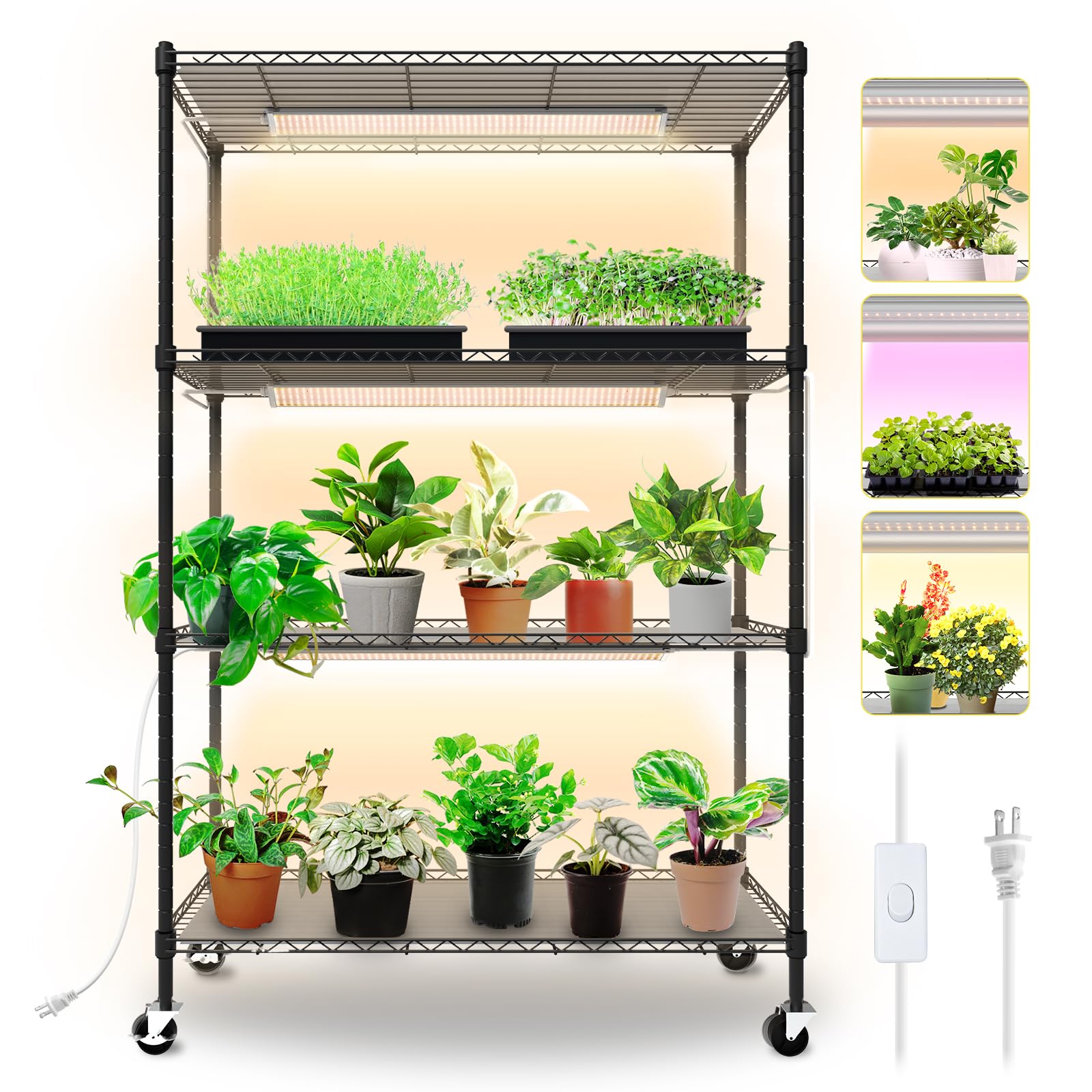 Bstrip 4-Tier Plant Shelf with Grow Lights, 30W T5 Full Spectrum, 35.4in L x 13.8in W x 59in H, Yellow,