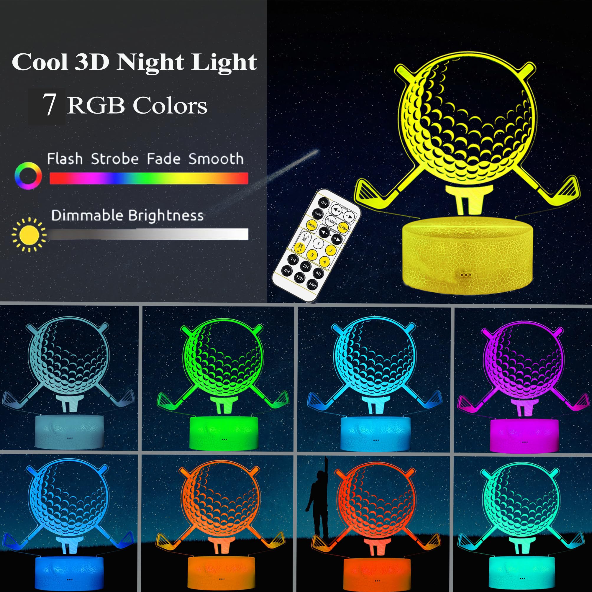 Golf Gifts, Golf Night Light, 3D Illusion Lamp With Rgb 7 Colors Changes Remote Control+Timer+Dimmable, Led Golf Decor, Golf Dec