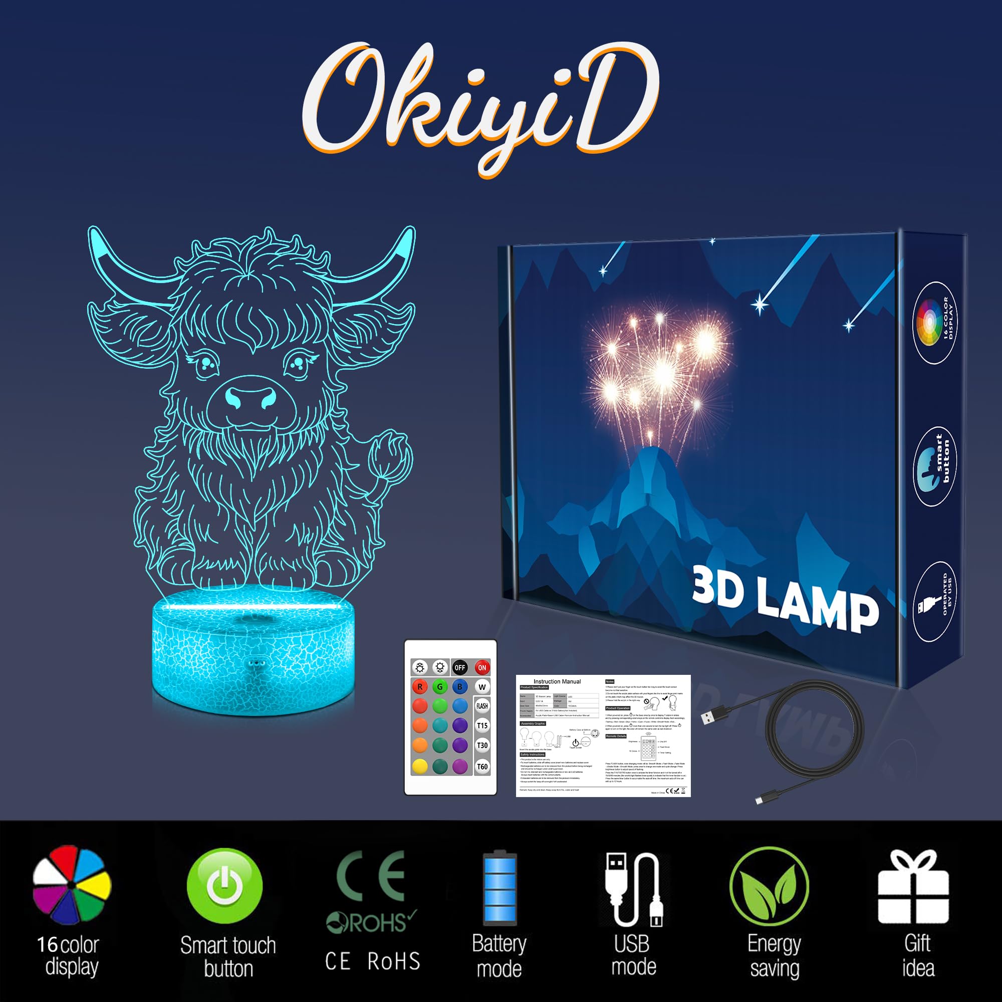 Okiyid Highland Cow Gifts For Boys Girls Highland Cow Night Light 3D Illusion Lamp With 16 Colors Changing Moo Decor For Kids Room Decor Birthday Gifts