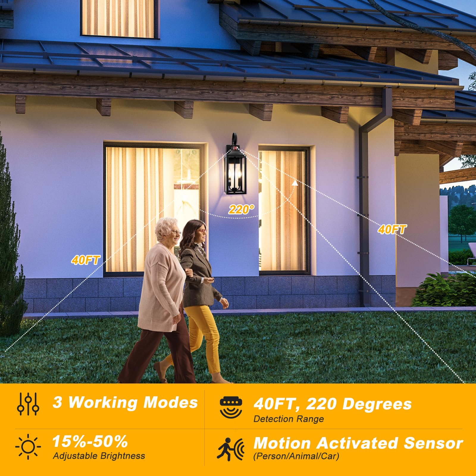 Yolsunes 20&quot; Black Motion Sensor Outdoor Light, Waterproof Porch Lamp, 3 Modes, Farmhouse Style