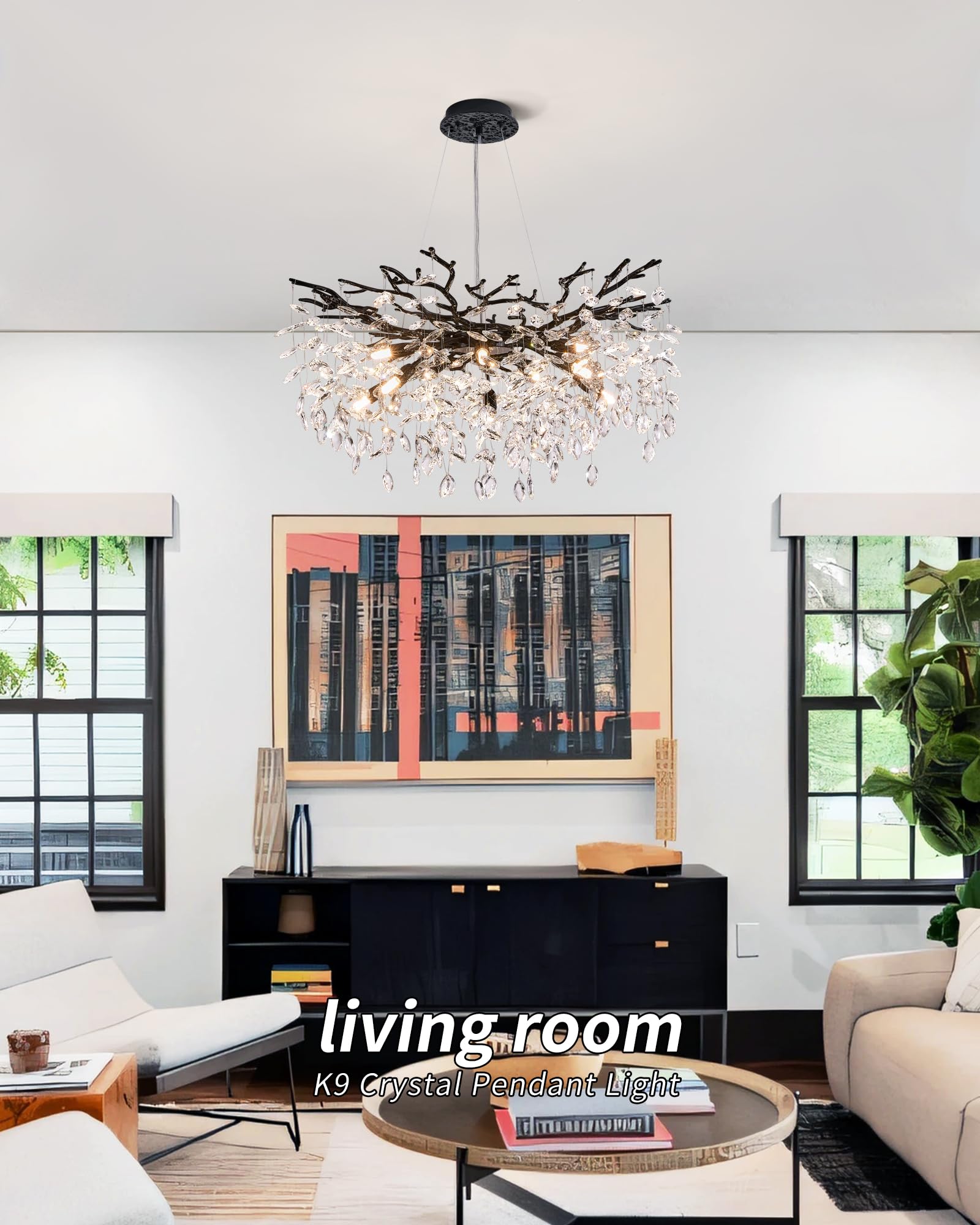 Witkey Modern Crystal Chandelier, 30" Black 10-Light Pendant Lighting for Dining Room, Kitchen, Bedroom, Living Room - Model CHL-2303-D760