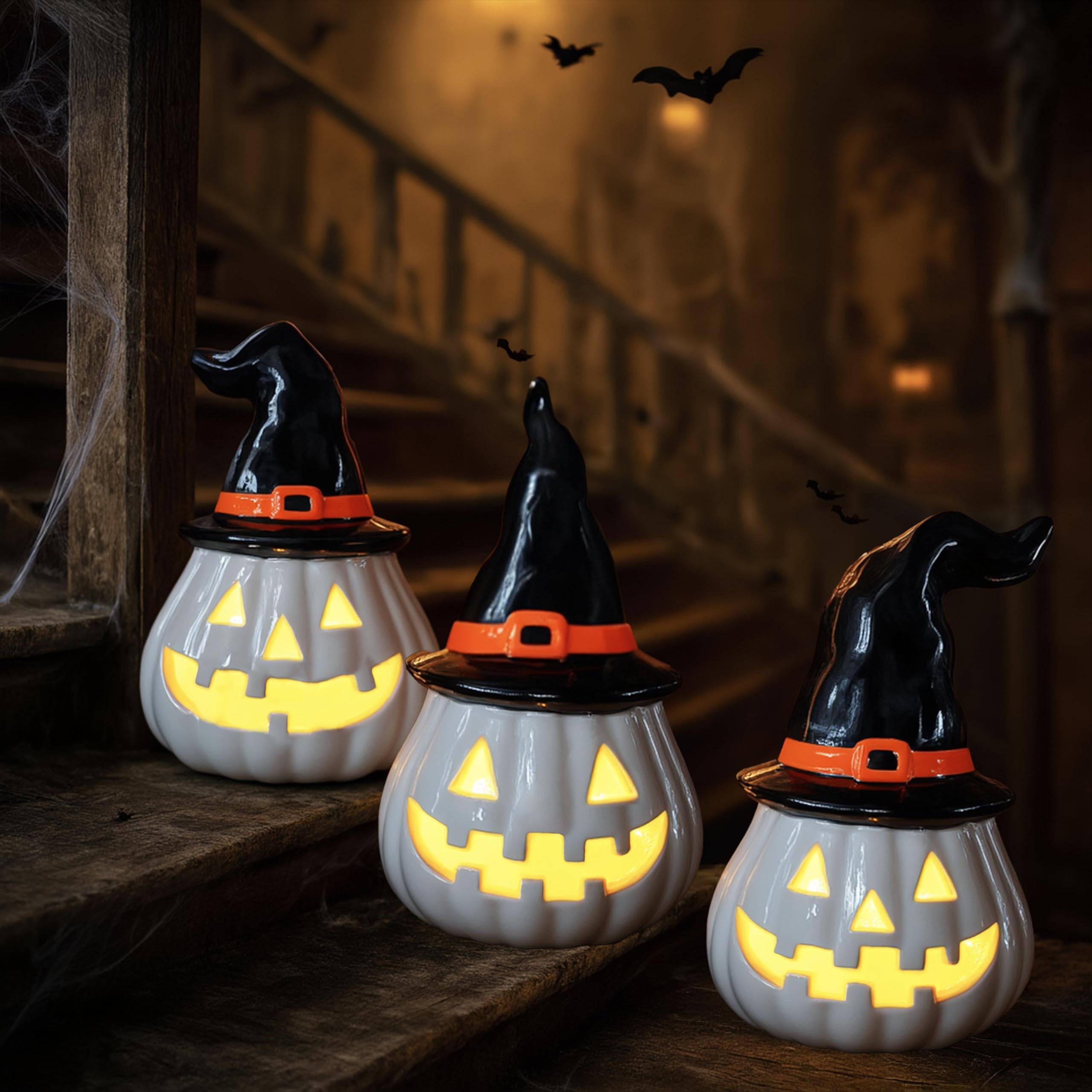 Nerosun 3 Pack Halloween Light Up Pumpkin Decorations  Ceramic Battery Operated Lighted Jack O Lantern Figurines  Spooky Halloween Ornaments For Indoor Home Fireplace Tabletop Centerpieces