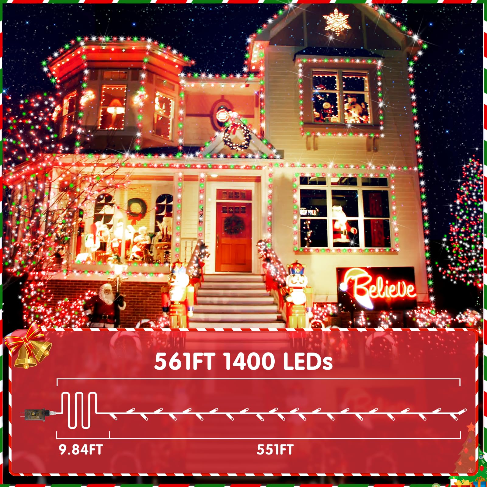 XURISEN Christmas Lights, 1400 LED Twinkle Fairy Lights, 551FT Green Wire, Red+Green+White, 8 Modes, Memory Timer, Plug-in