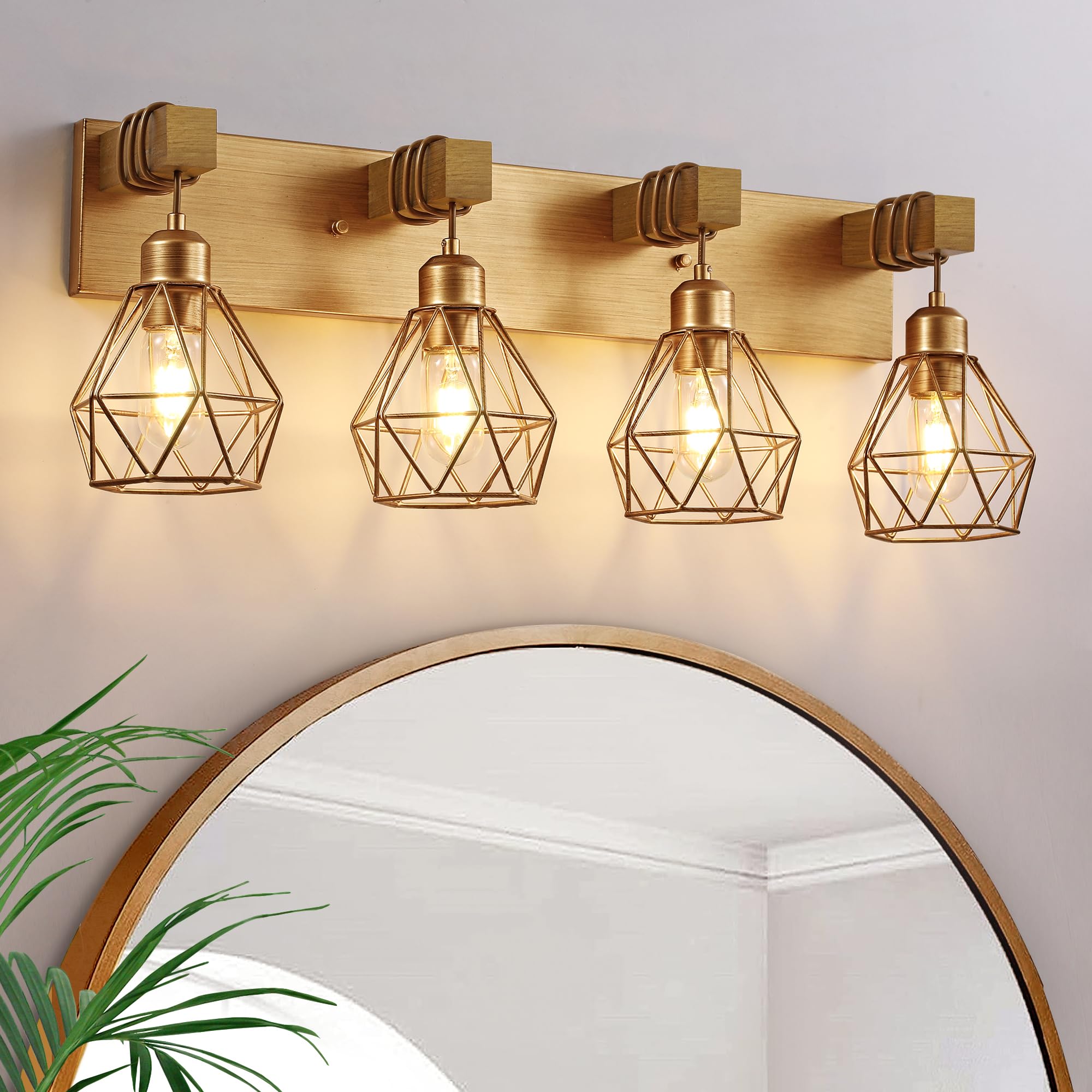 Farmhouse Bathroom Light Fixtures, 4-Light Gold Bathroom Vanity Light, Rustic Matte Antique Brass Finish with Metal Lampshade, W