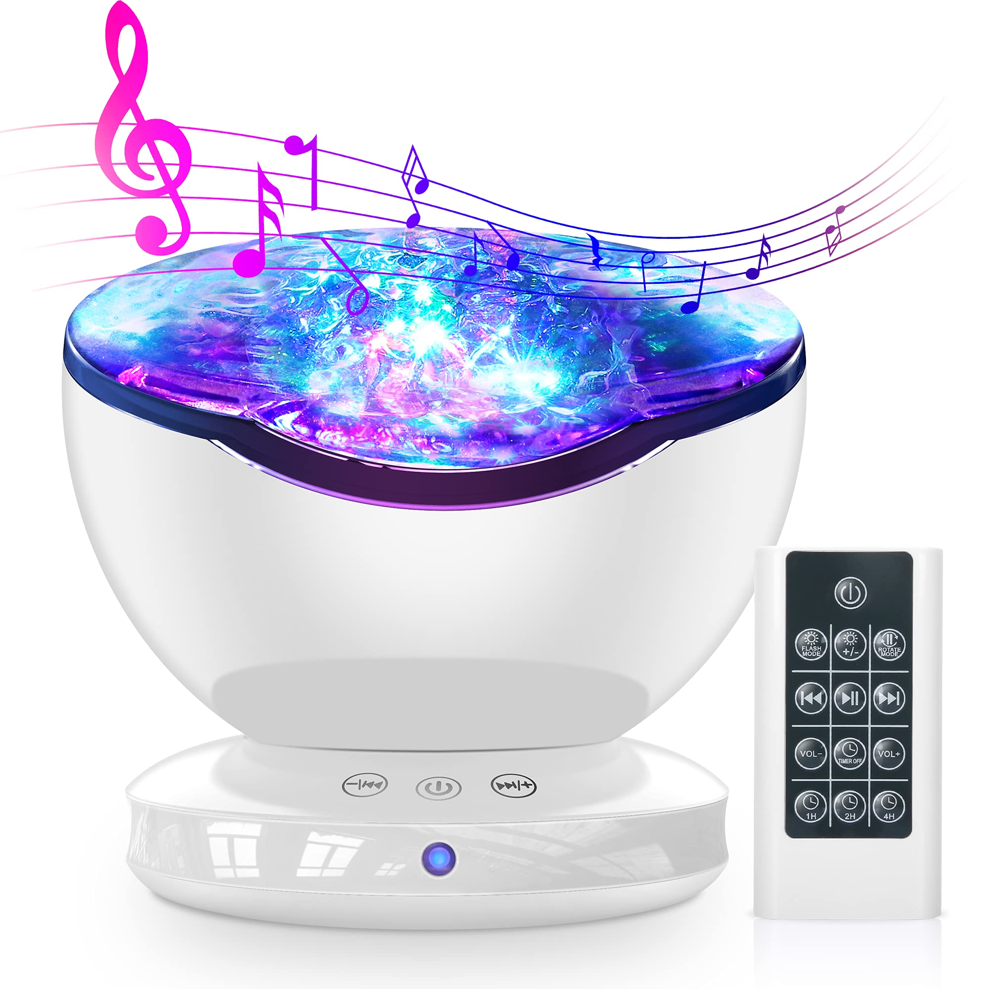WIWIWON Ocean Wave Projector, 12LED Night Light Projector, 8 Color Changing Music Night Light Lamp with Remote Control Timer Set