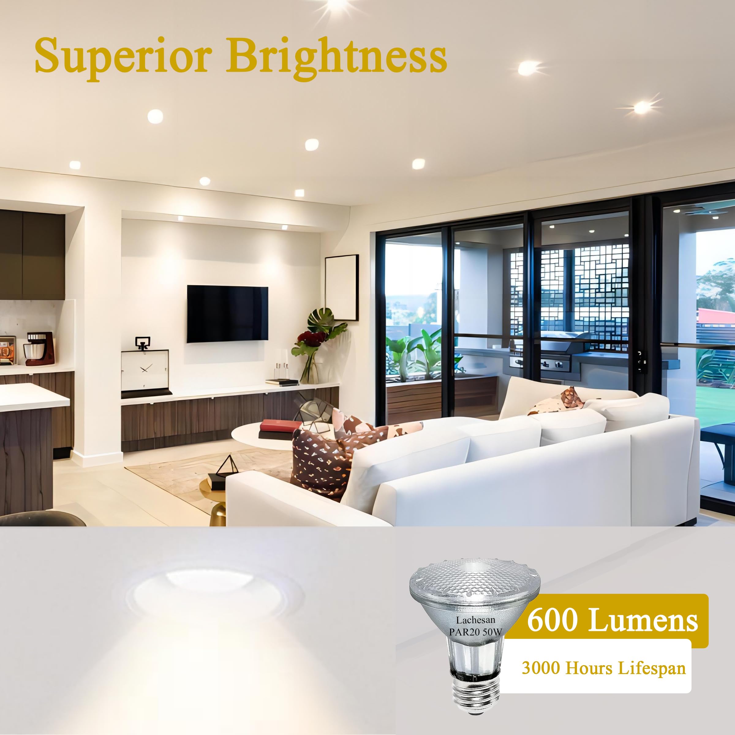 Lachesan PAR20 Flood Light Bulbs, 50W Dimmable 2800K Warm White, 2255 Lumens, 6 Pcs E26 Base for Indoor Spotlight & Range