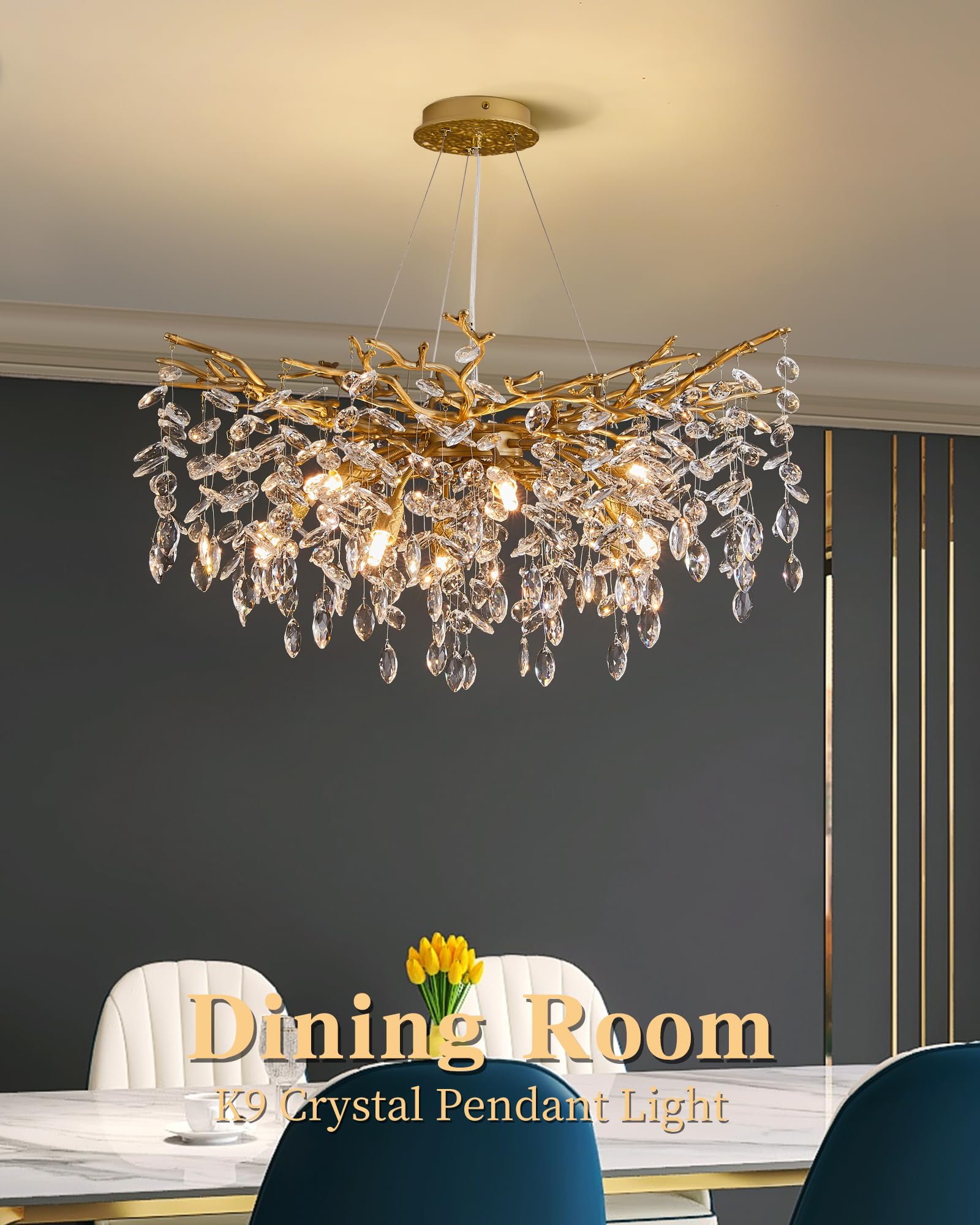 Modern Tree Branch Crystal Chandelier Luxury Gold Crystal Pendant Lighting 30'' Contemporary 10-Light Chandeliers For Dining Roo