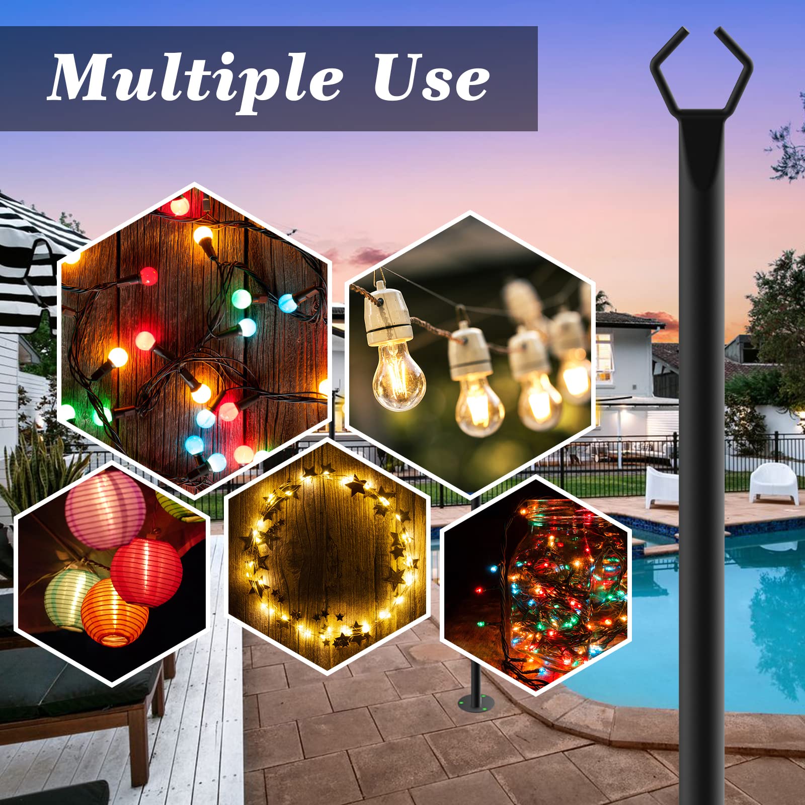 Beizelte 2 Pack 10FT Black String Light Poles with Clips for Outdoor Patio, Backyard, Deck - Model YX-CDG-GBT