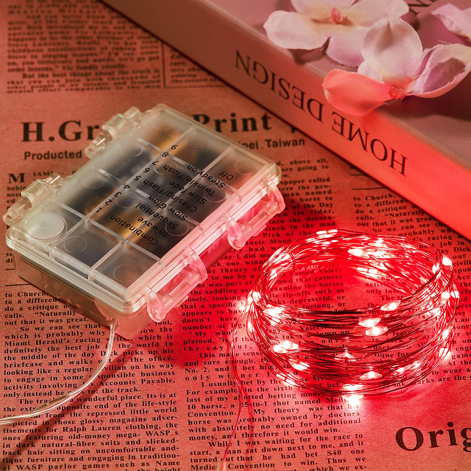 Ariceleo 16.4 Ft Battery Operated Outdoor String Lights, Red LED Fairy Lights, Waterproof, Remote & Timer, 1 Pack