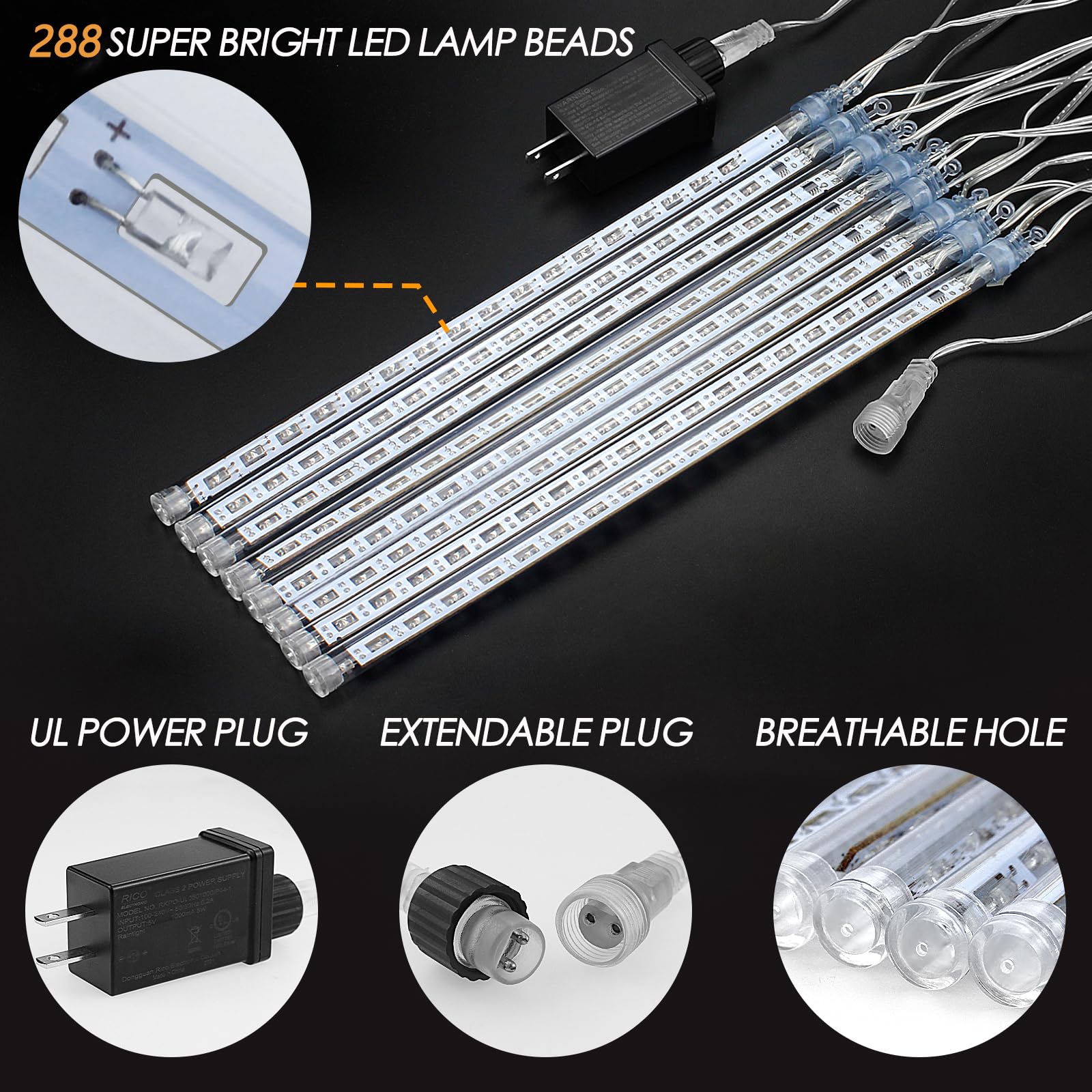 Fyyzy Christmas Lights Meteor Shower Rain Light Falling Rain Lights With 8 Tubes 192 Leds Waterproof Icicle Snow Fall String Lights For Party Tree Home Patio Outdoor Decoration(8 Tubes,White)