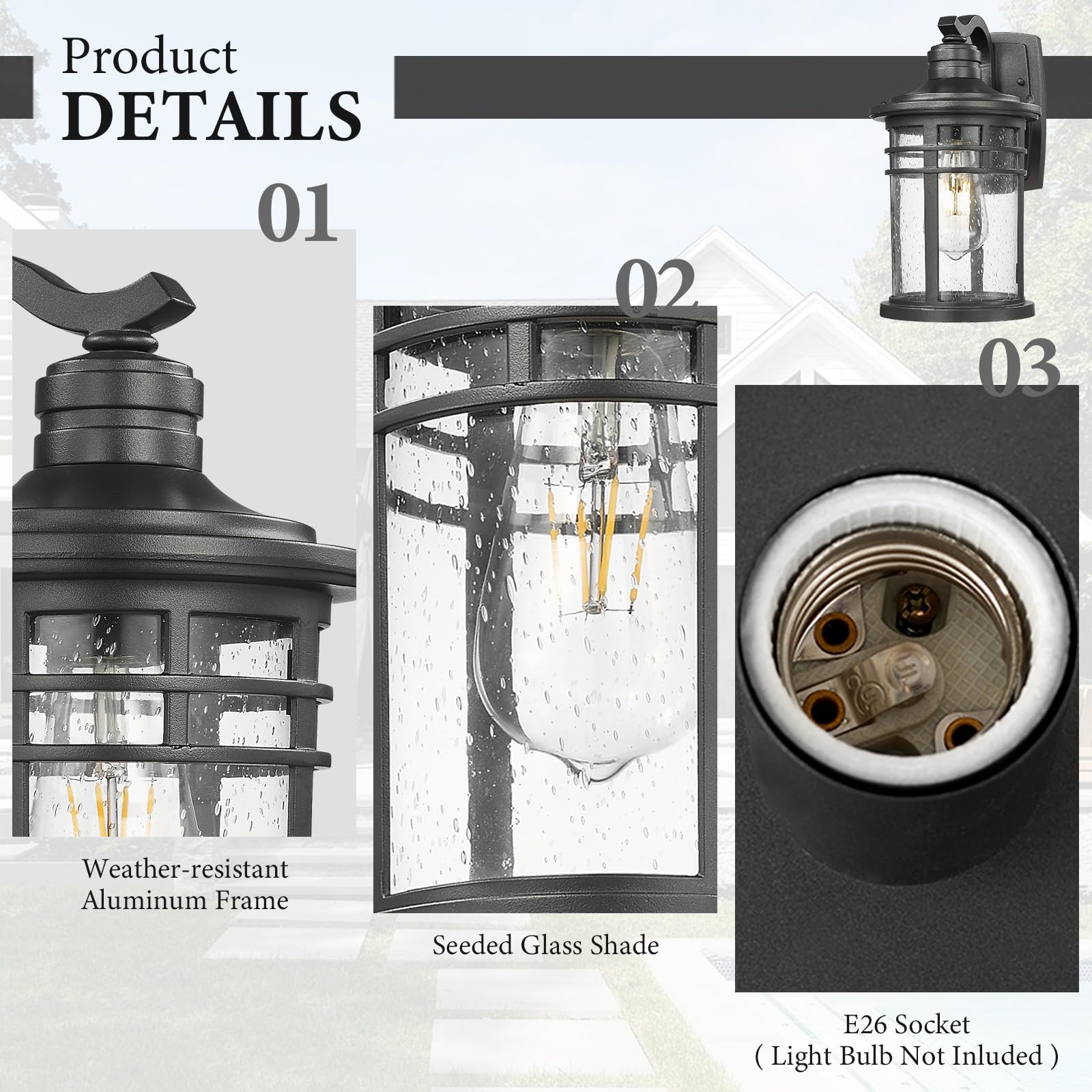Darkaway Outdoor Wall Mount Porch Lights, Waterproof Seeded Glass Sconces, Black, Medium Size, Model 6X20B BK, 1 Pack