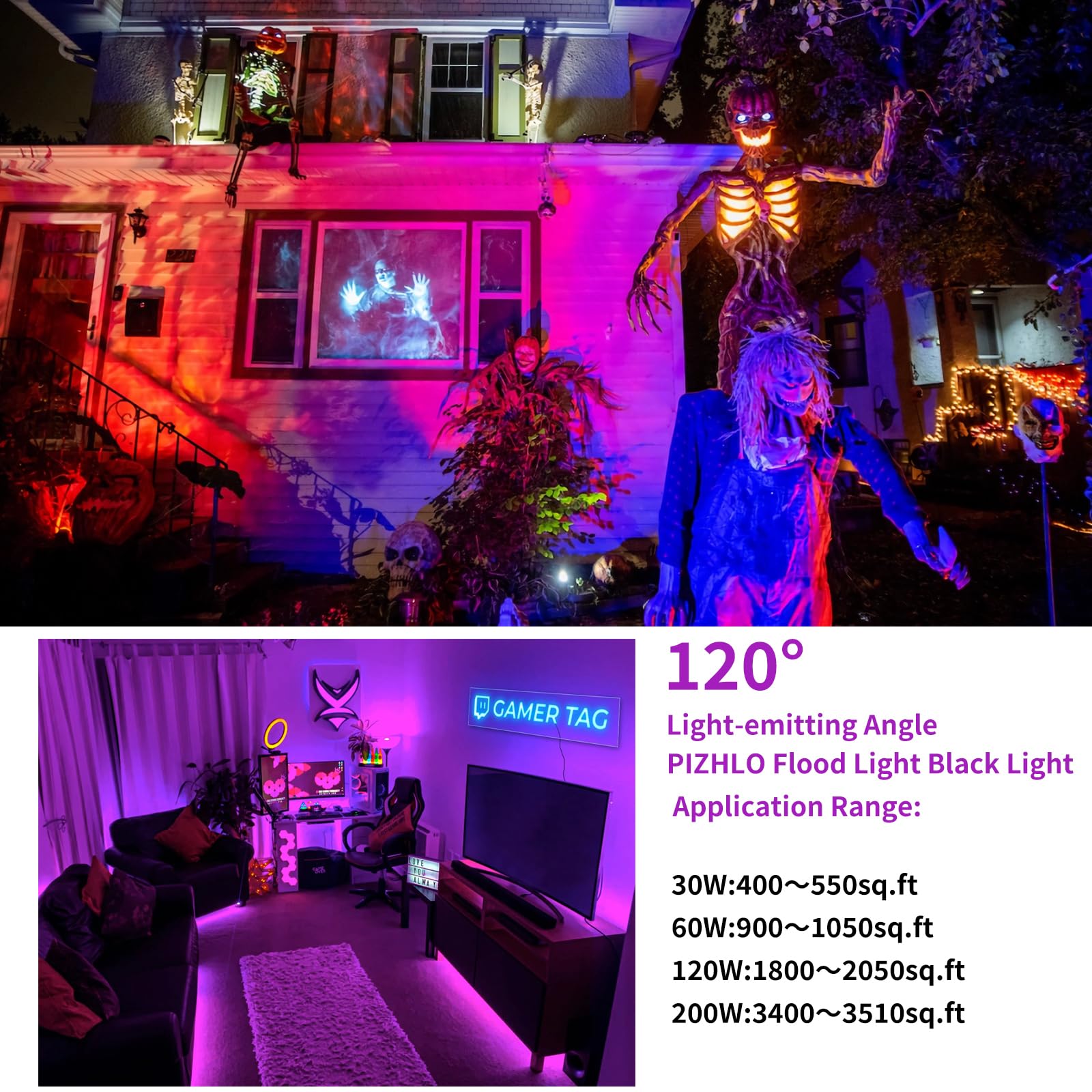 PIZHLO 2 Pack 200W LED Black Light, IP66 Waterproof Outdoor Spotlight, Black