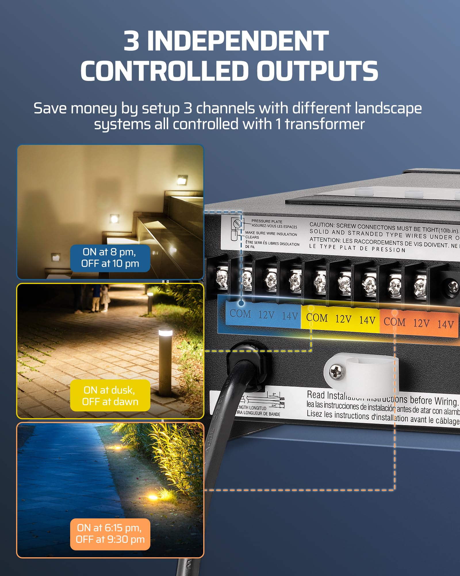 Dewenwils Smart Low Voltage Landscape Transformer 300W, 3 Independent Outputs, 120V Ac To 12V/14V Ac, Landscape Lighting Transfo