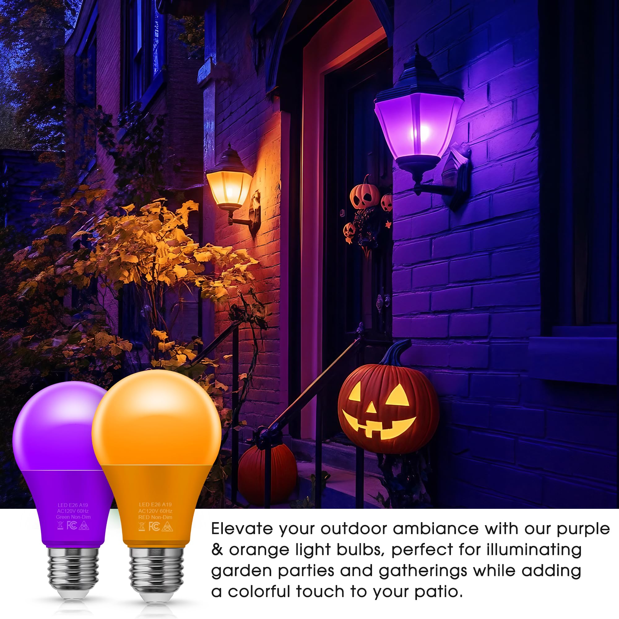 Orange Purple Light Bulbs [2 Pack], A19 Led Orange And Purple Bulb Outdoor, Halloween Light Bulbs, 9W (60 Watt Equivalent) - E26