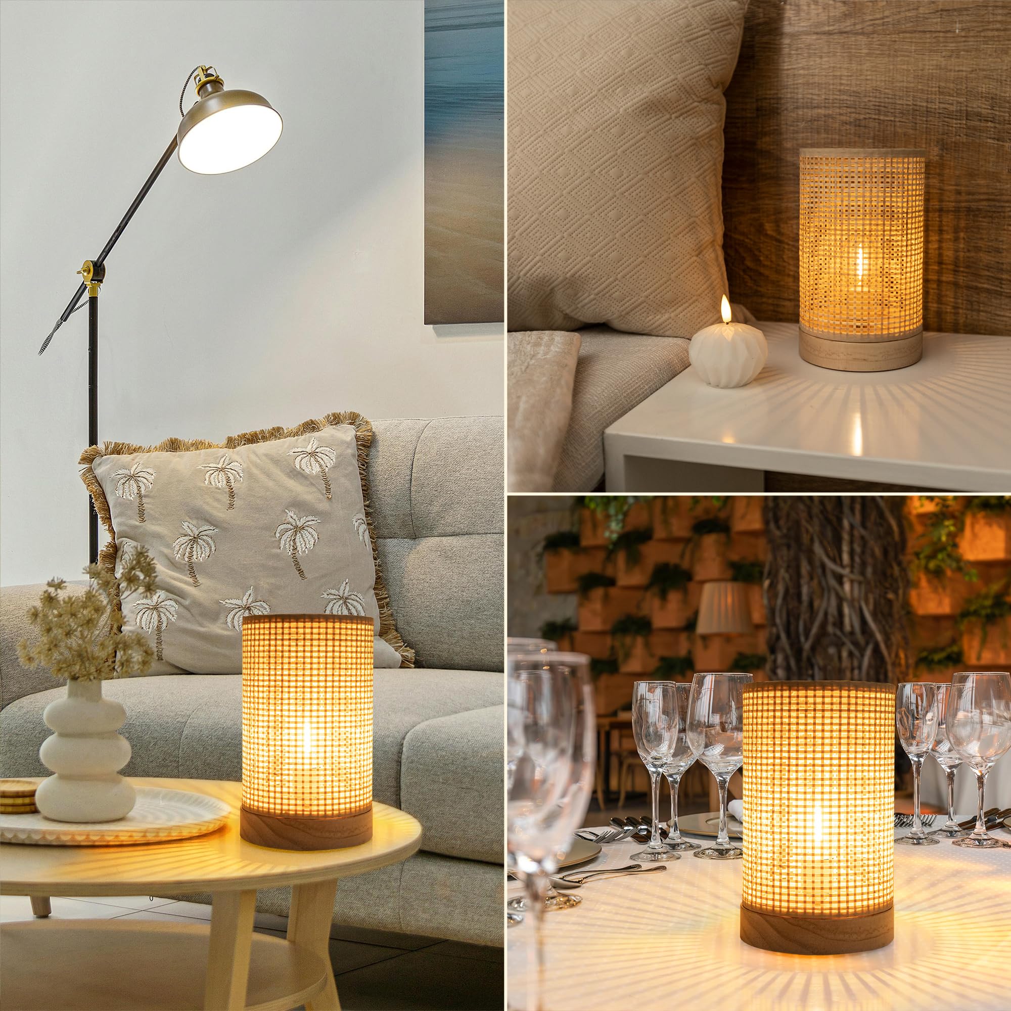 Lusharbor Battery Operated Lamp With Timer, Rattan Boho Table Light Battery Powered Beside Lamps Small Cordless Lamp For Kids Ro