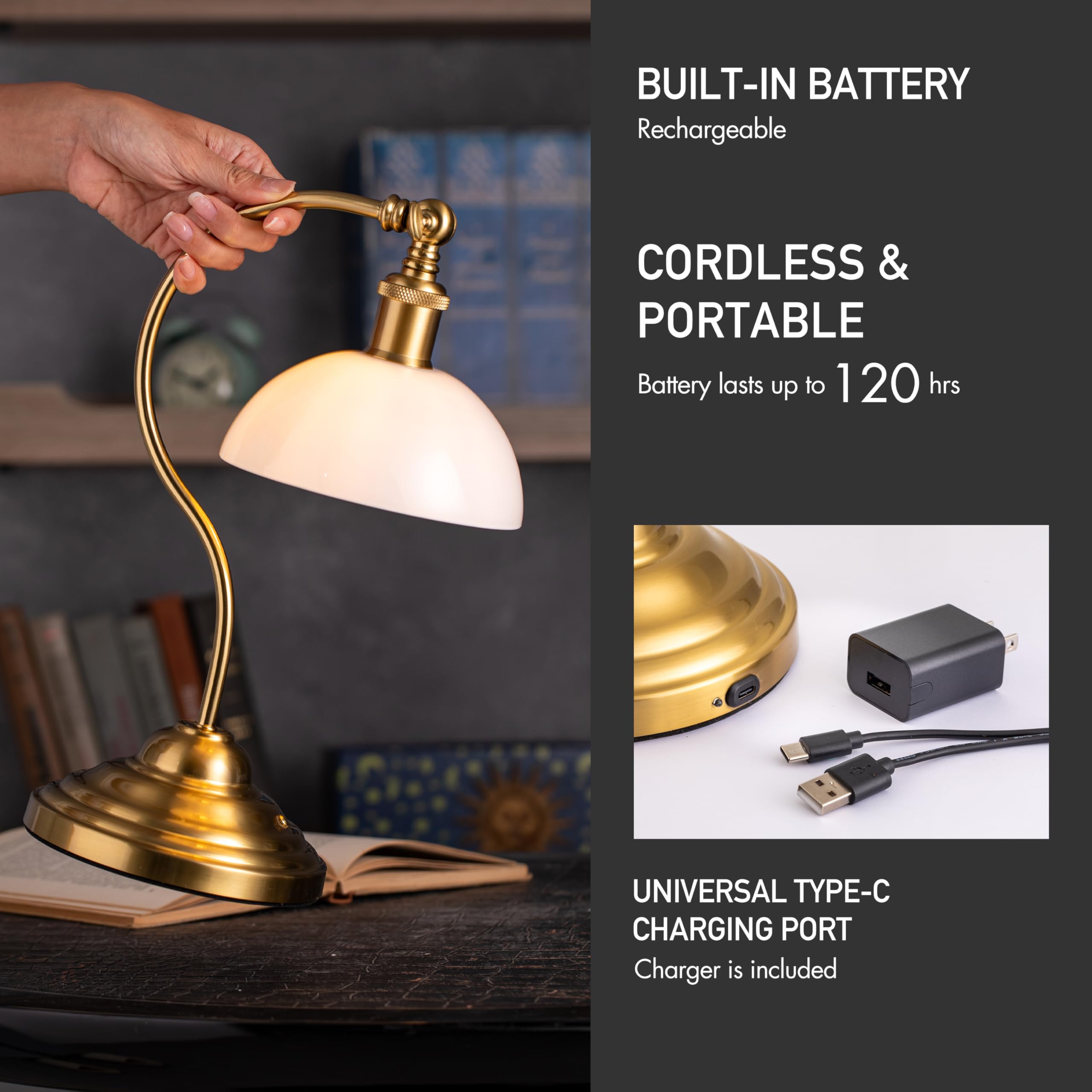 O'Bright Cordless LED Table Lamp, Rechargeable, 3-Level Dimming, 6.5x6x12.6", Antique Brass-White Glass, Model OB-TL23B