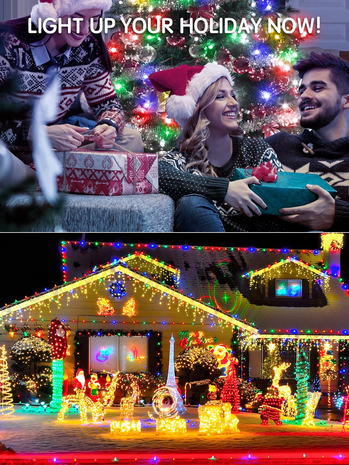 Acan 115FT 300 LED Christmas Lights, Warm White & Multicolor Color Changing, Waterproof, Remote Control, Model DRCR100