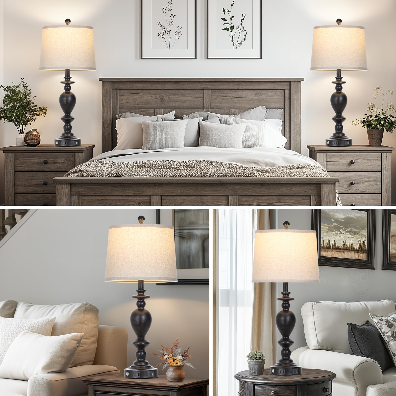 Cinkeda 28" Black Farmhouse Table Lamps Set of 2 - 3-Way Dimmable Touch, USB Ports & AC Outlet for Vintage Living Room & Bedroom