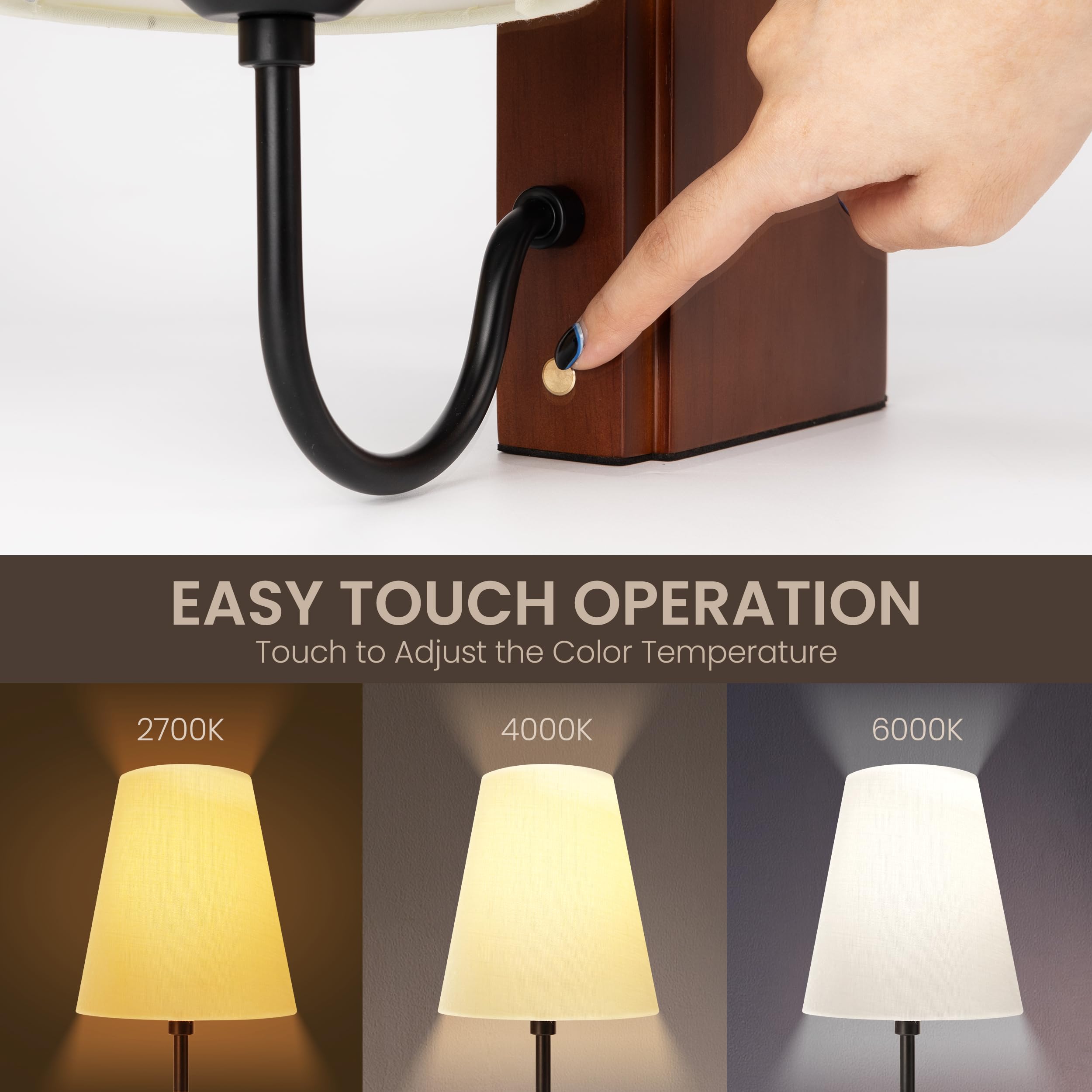 AELS Wooden Bookshelf Lamp, 3-Color Dimmable Touch Control, Table Lamp with Linen Shade, Plug-in Model, Dark Brown, Model SL0964