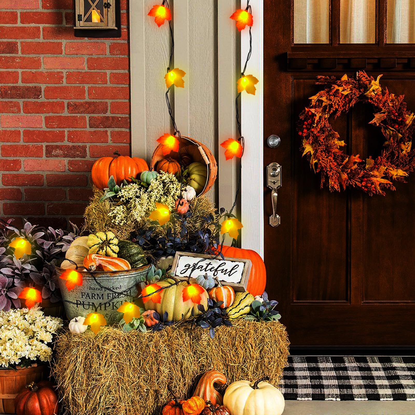 Thanksgiving Lights Indoor, 8.5ft Fall String Lights with 10 3D Orange Yellow Leaf Lights, Thanksgiving Lights Plug in for Home