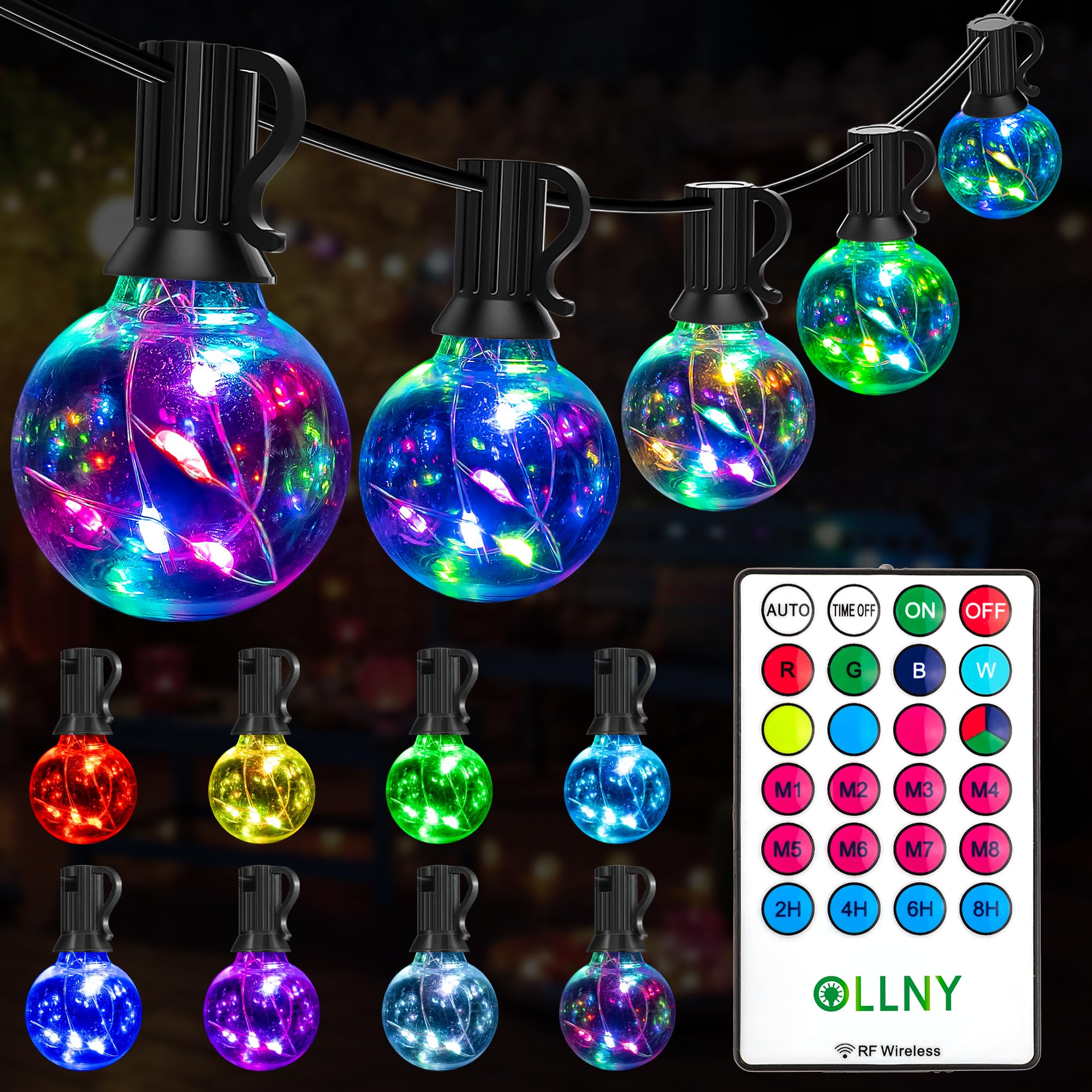 Ollny RGBW Color Changing Outdoor String Lights, 30FT, 30 Bulbs, Waterproof, Shatterproof, Model HG-6V30C10